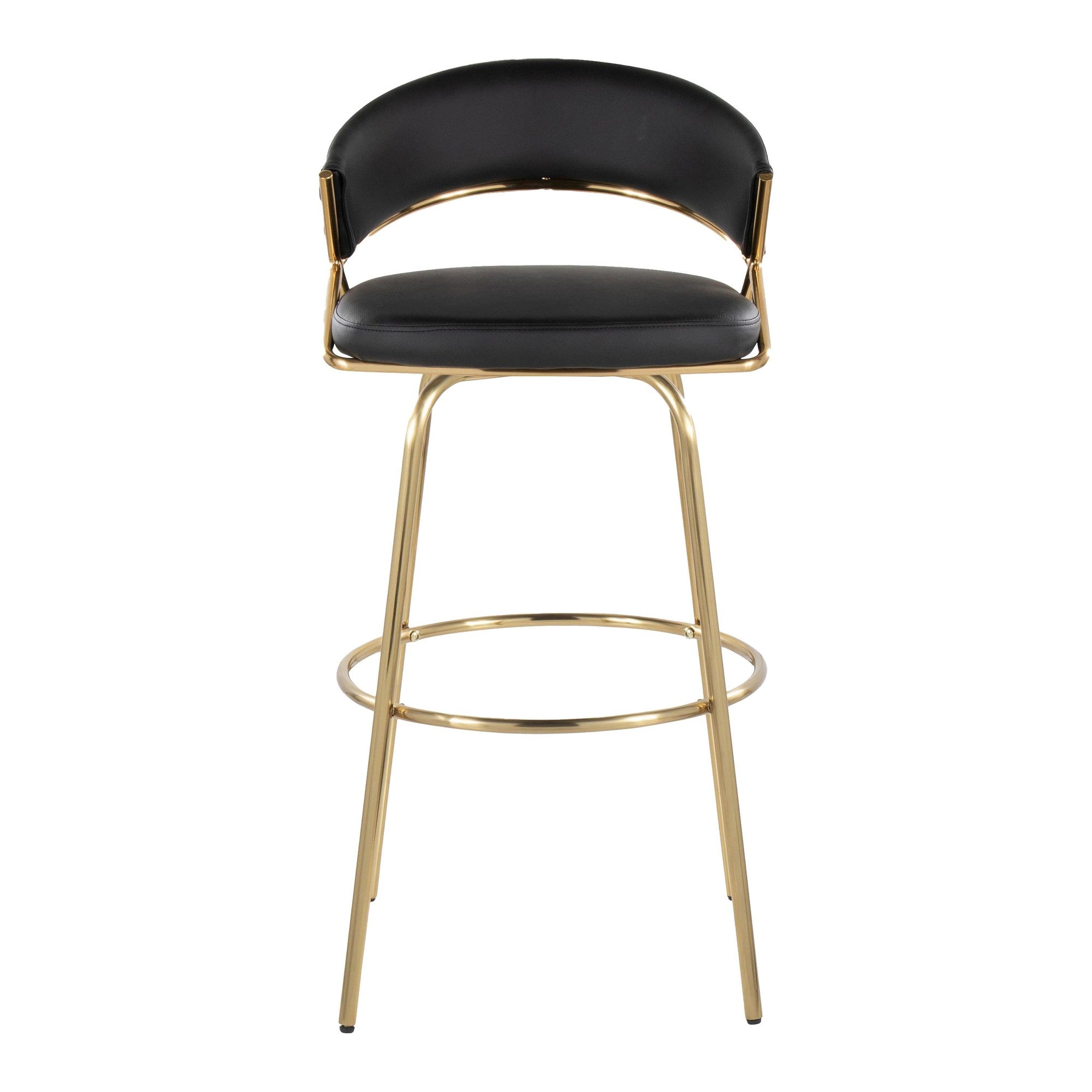 Jie 30" Fixed-Height Barstool - Set of 2 - Gold Metal, Gold Metal, Black PU