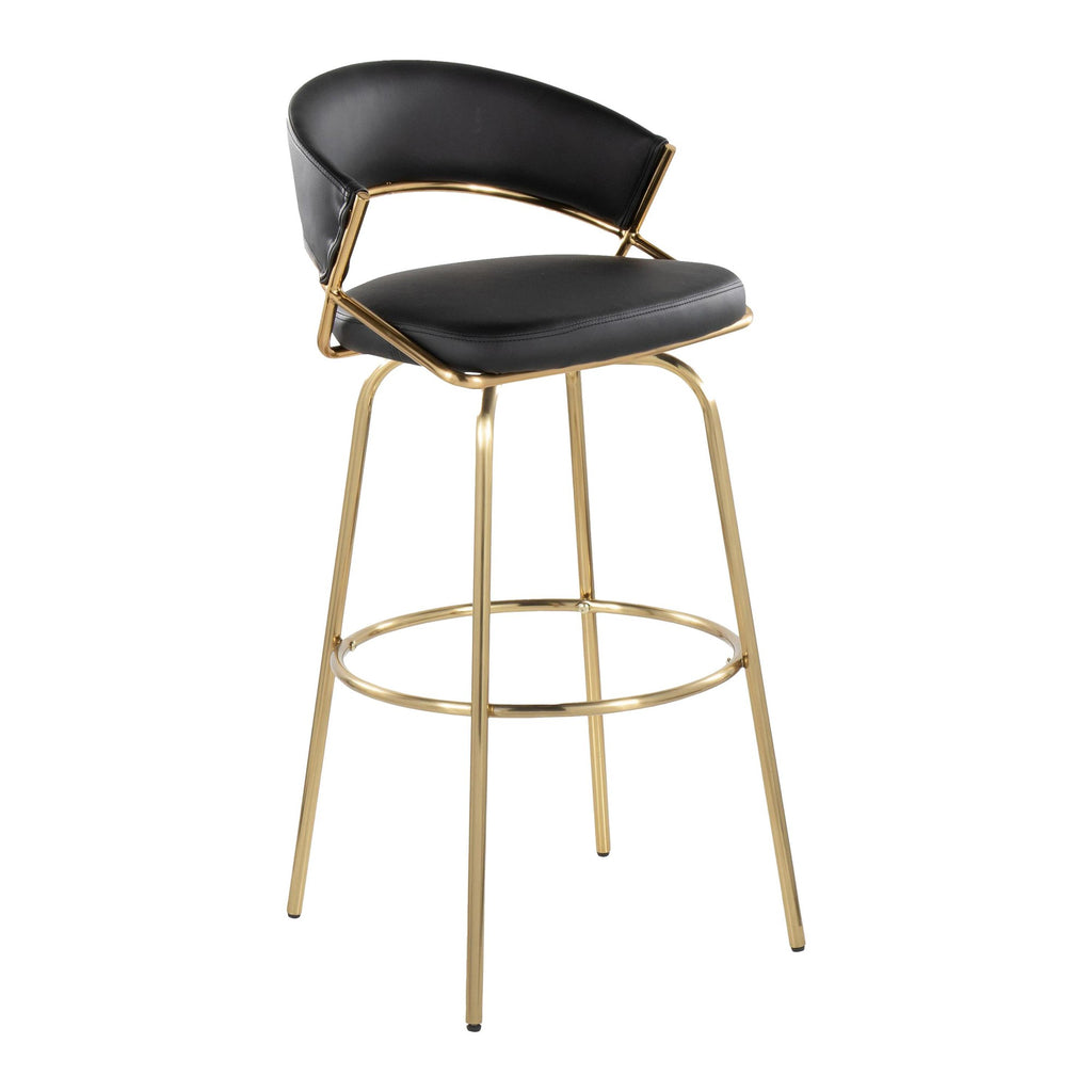 Jie 30" Fixed-Height Barstool - Set of 2 - Gold Metal, Gold Metal, Black PU