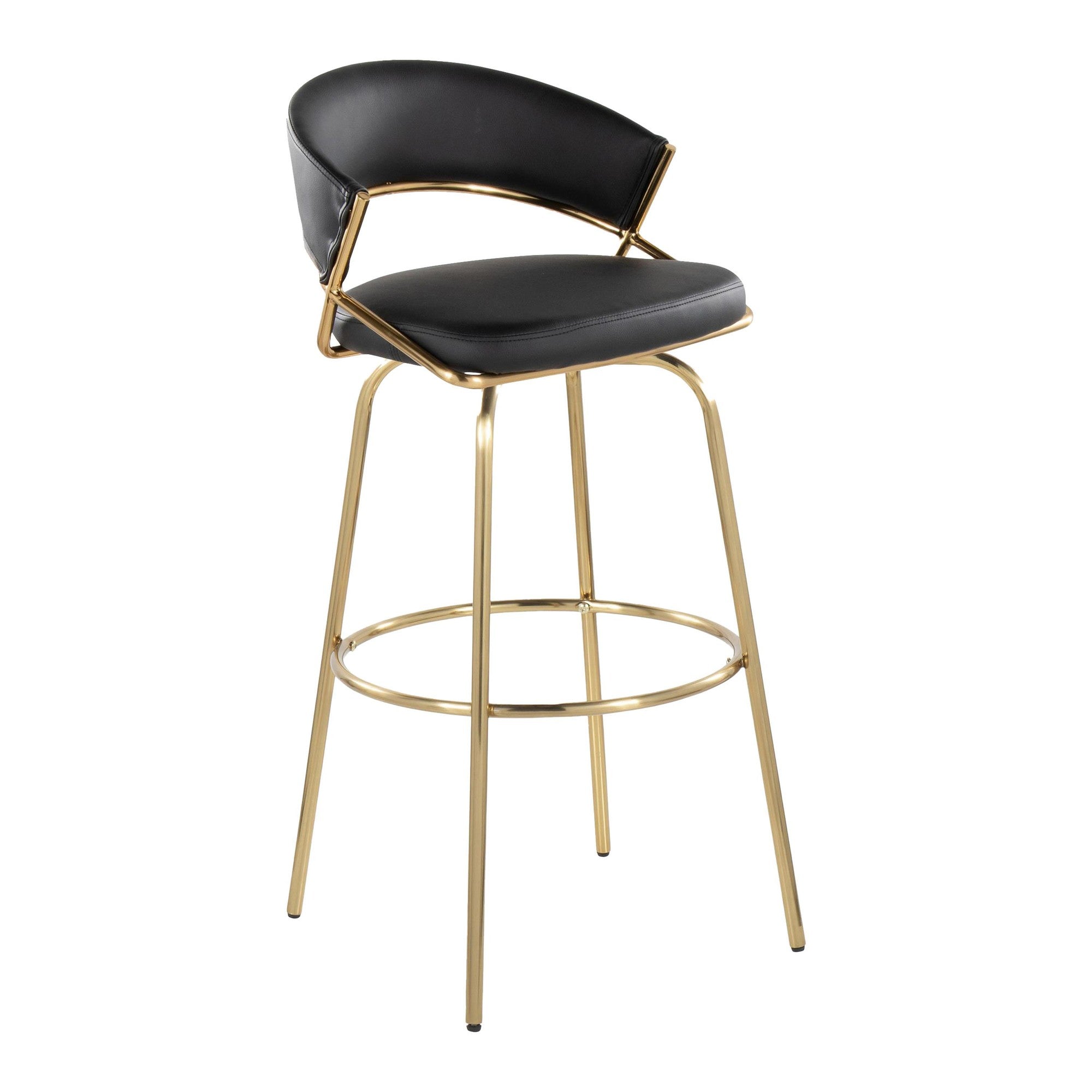 Jie 30" Fixed-Height Barstool - Set of 2 - Gold Metal, Gold Metal, Black PU