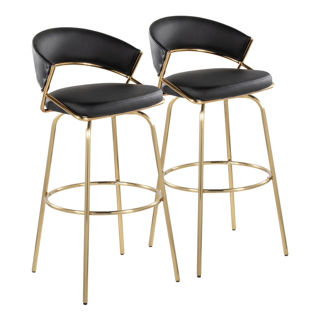 Jie 30" Fixed-Height Barstool - Set of 2 - Gold Metal, Gold Metal, Black PU