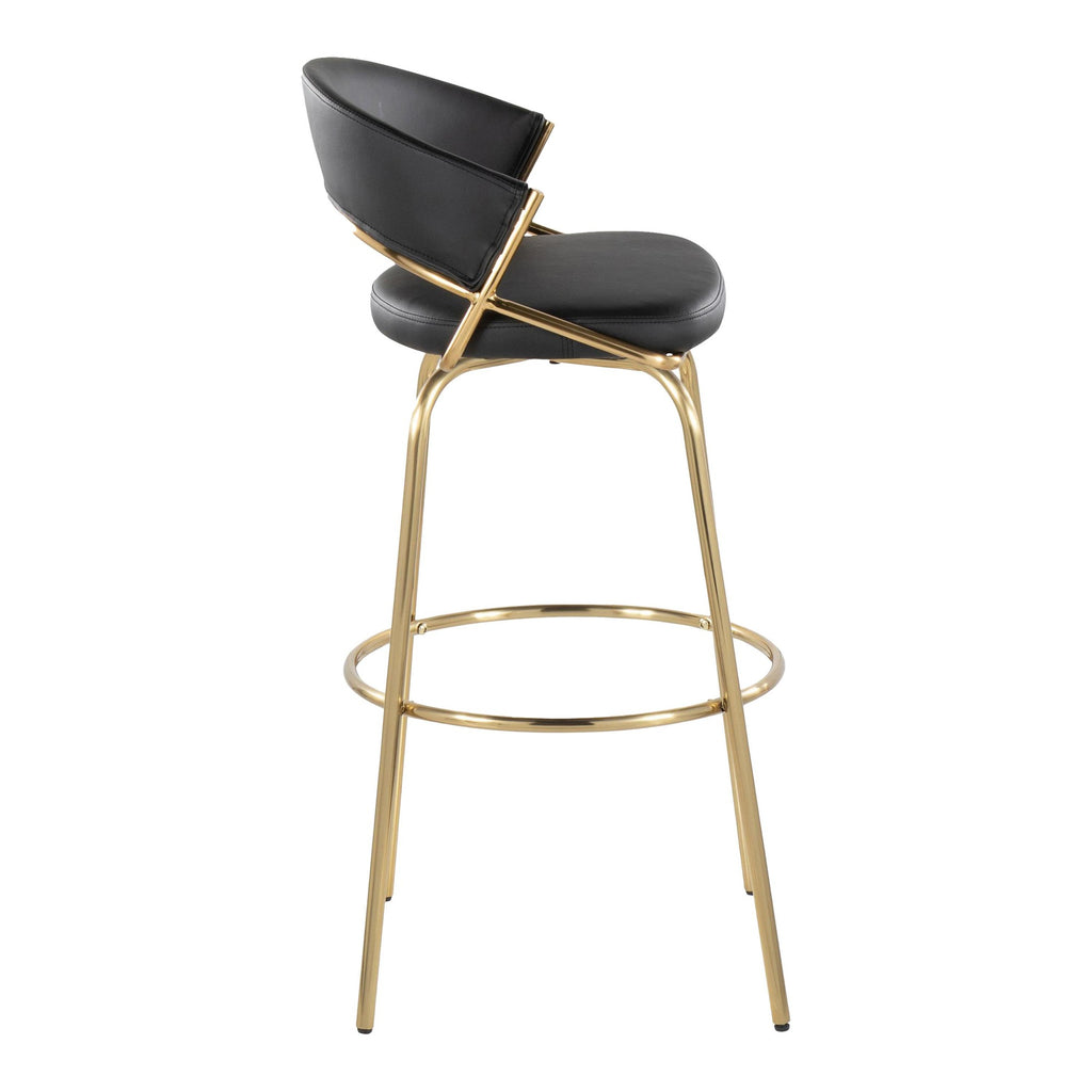 Jie 30" Fixed-Height Barstool - Set of 2 - Gold Metal, Gold Metal, Black PU