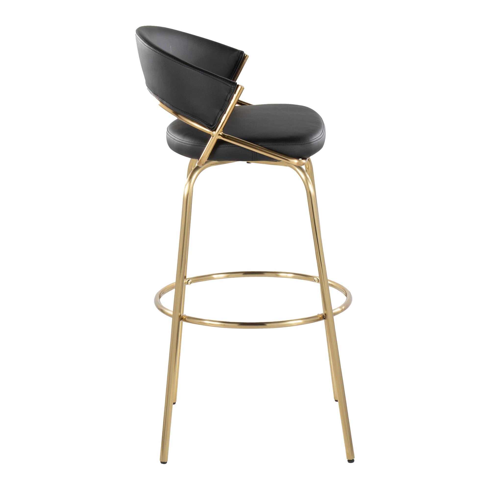 Jie 30" Fixed-Height Barstool - Set of 2 - Gold Metal, Gold Metal, Black PU