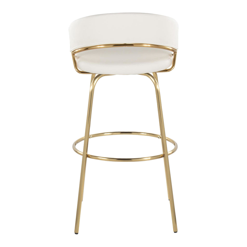 Jie 30" Fixed-Height Barstool - Set of 2 - Gold Metal, Gold Metal, White PU