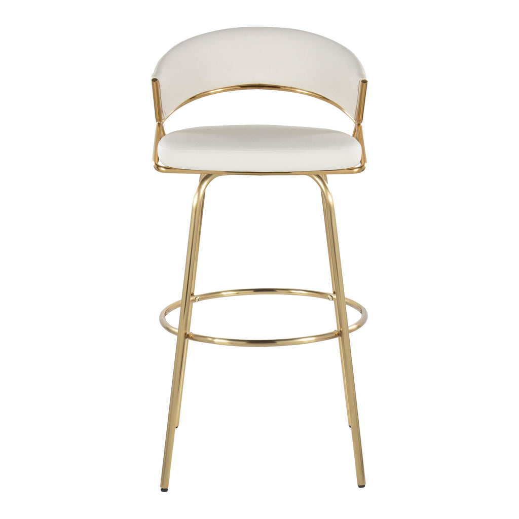 Jie 30" Fixed-Height Barstool - Set of 2 - Gold Metal, Gold Metal, White PU