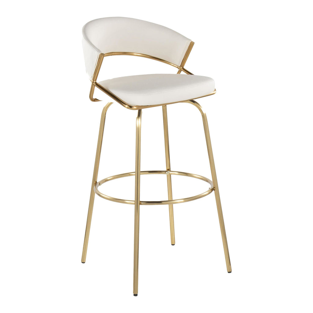 Jie 30" Fixed-Height Barstool - Set of 2 - Gold Metal, Gold Metal, White PU