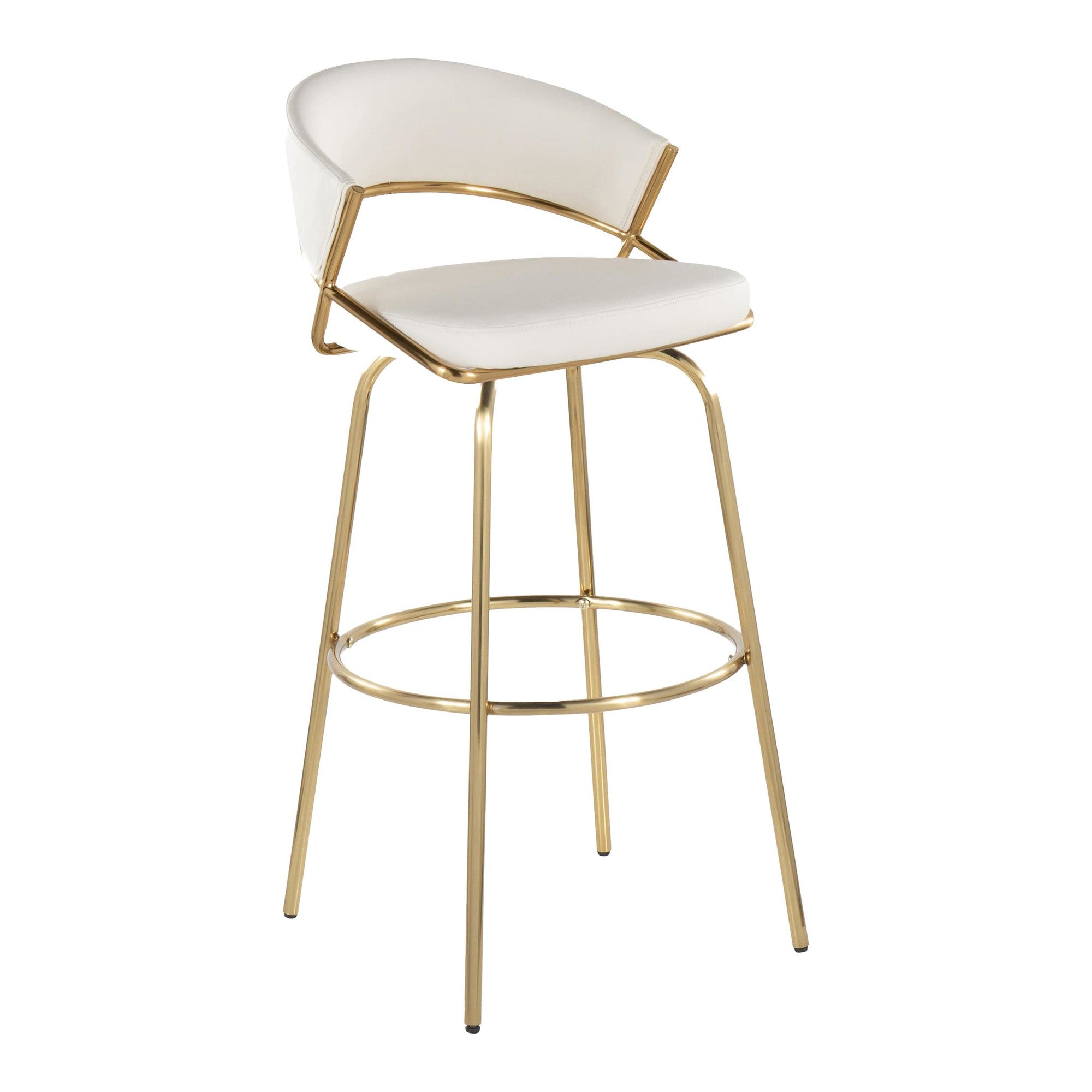 Jie 30" Fixed-Height Barstool - Set of 2 - Gold Metal, Gold Metal, White PU
