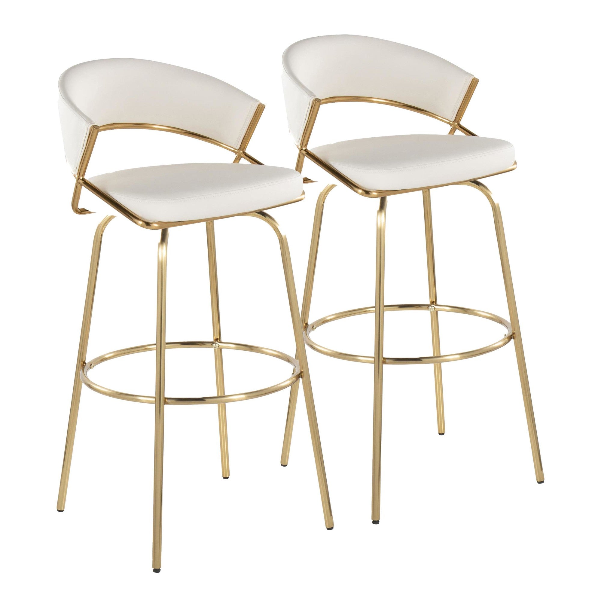 Jie 30" Fixed-Height Barstool - Set of 2 - Gold Metal, Gold Metal, White PU