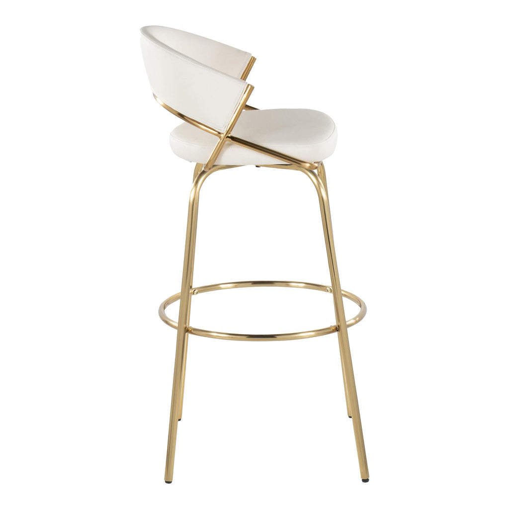 Jie 30" Fixed-Height Barstool - Set of 2 - Gold Metal, Gold Metal, White PU
