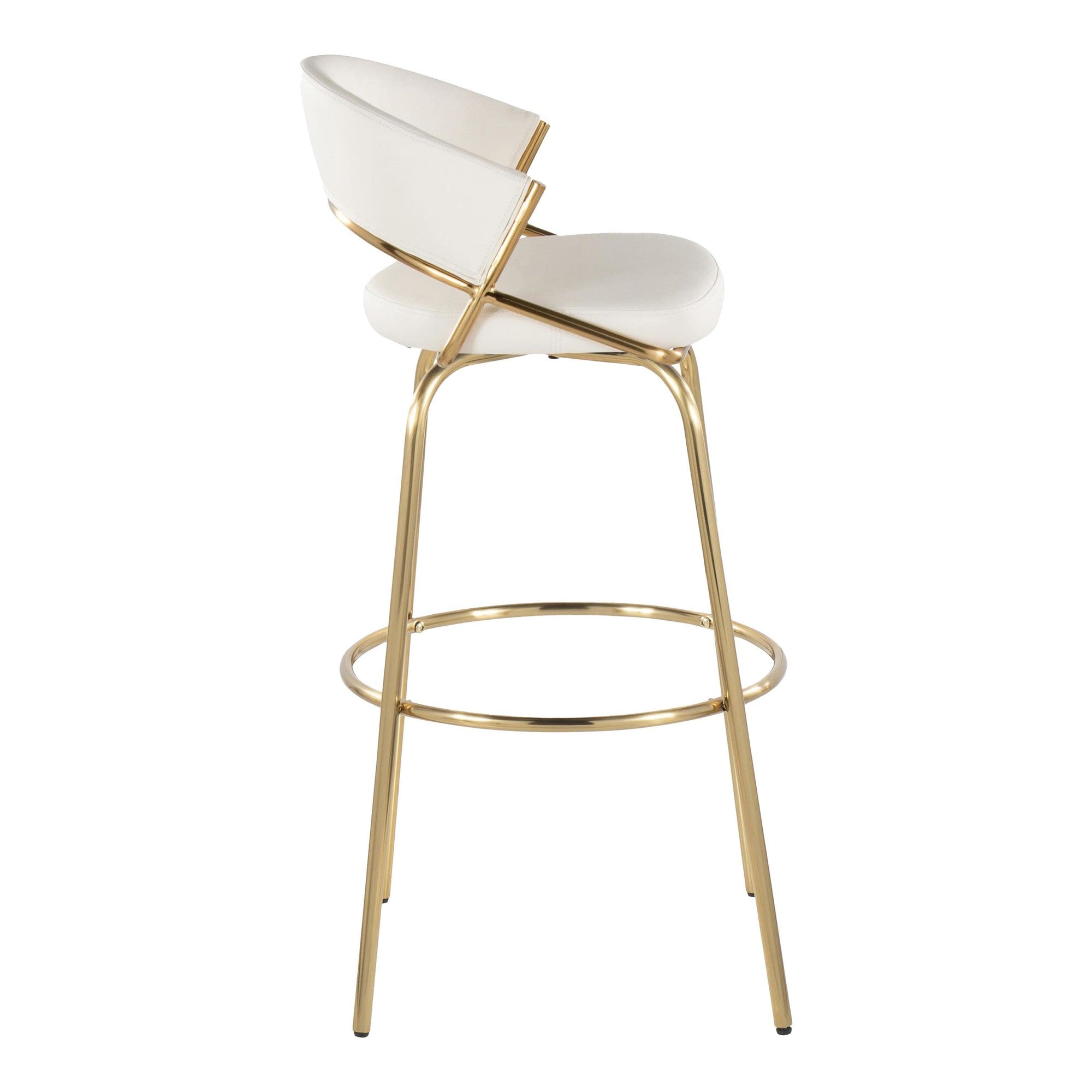 Jie 30" Fixed-Height Barstool - Set of 2 - Gold Metal, Gold Metal, White PU