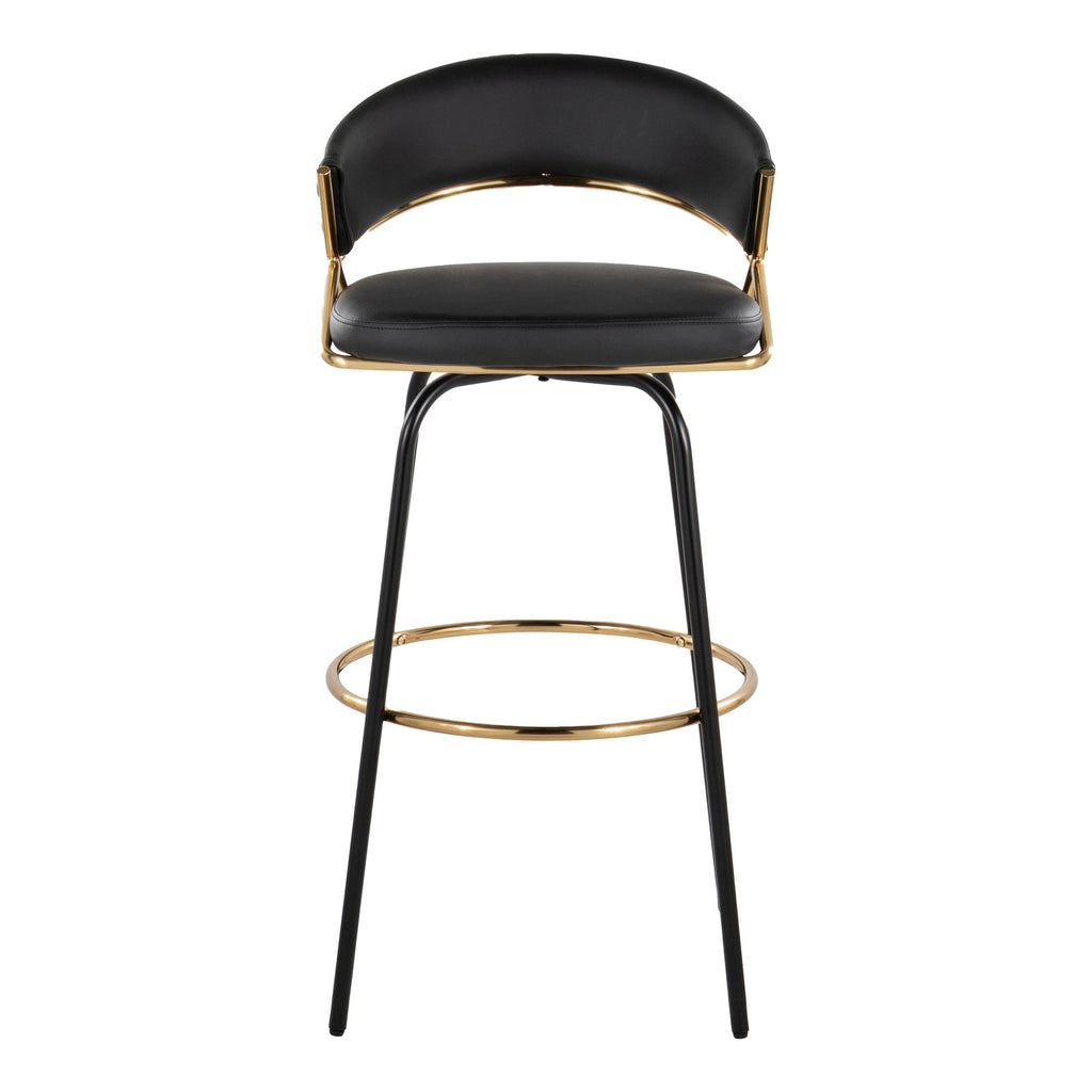 Jie 30" Fixed-Height Barstool - Set of 2 - Black Metal, Gold Metal, Black PU