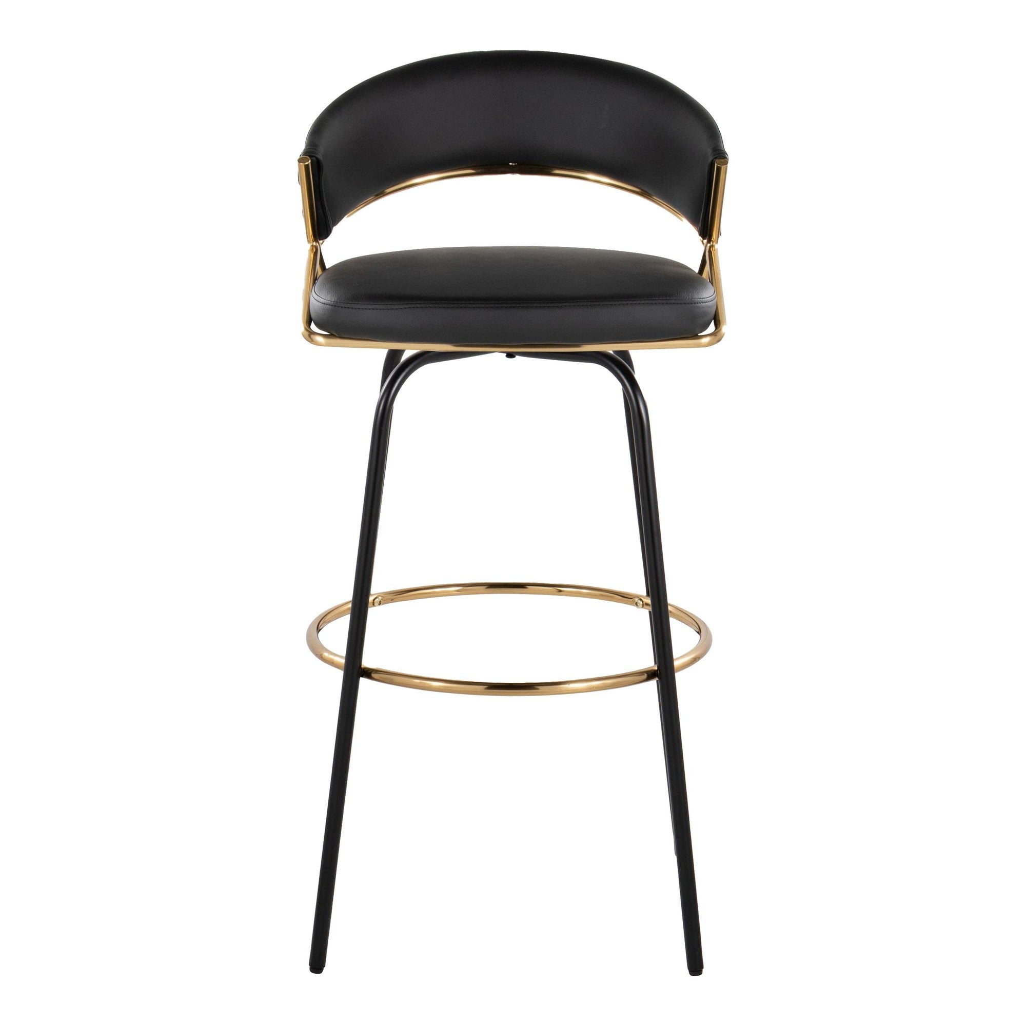 Jie 30" Fixed-Height Barstool - Set of 2 - Black Metal, Gold Metal, Black PU