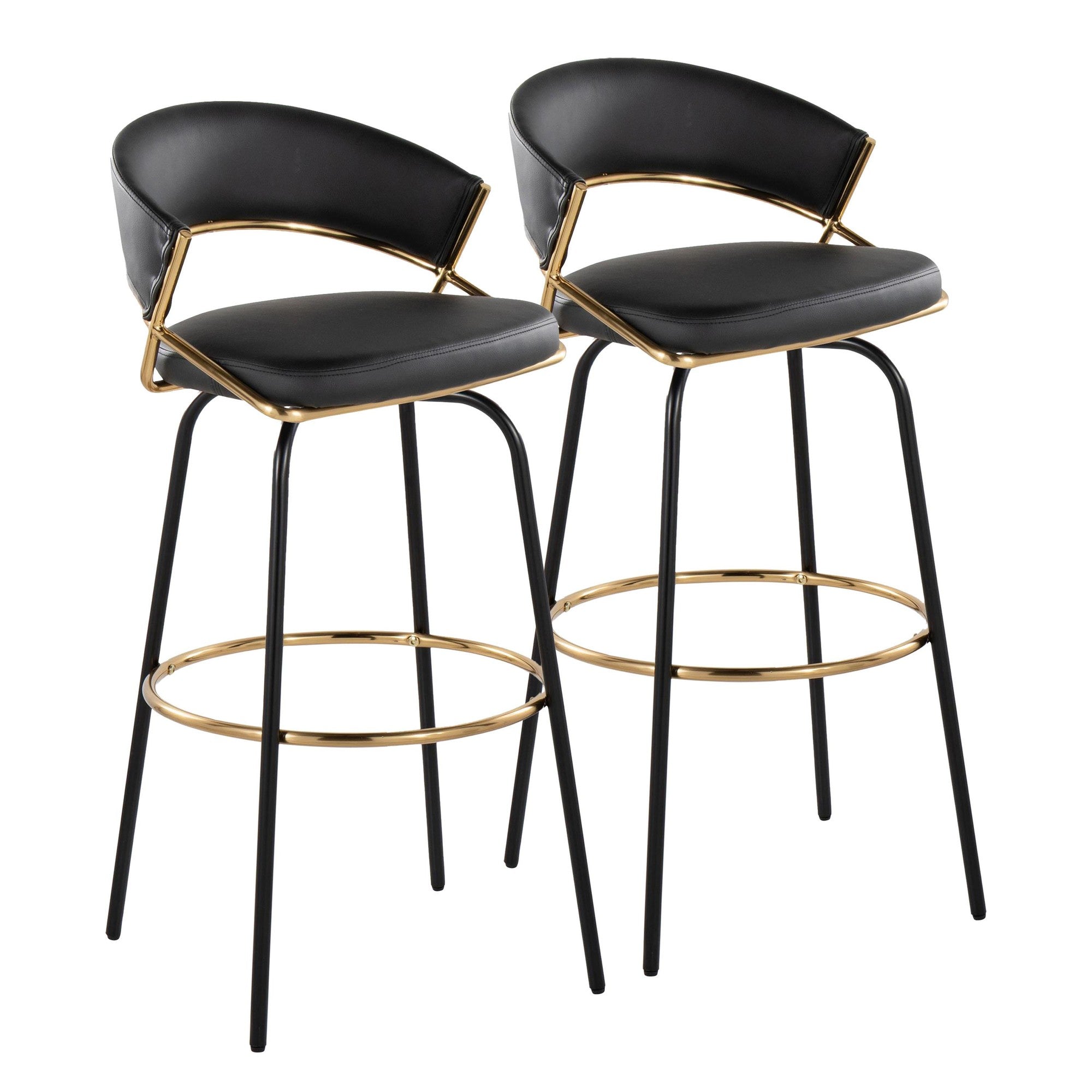 Jie 30" Fixed-Height Barstool - Set of 2 - Black Metal, Gold Metal, Black PU