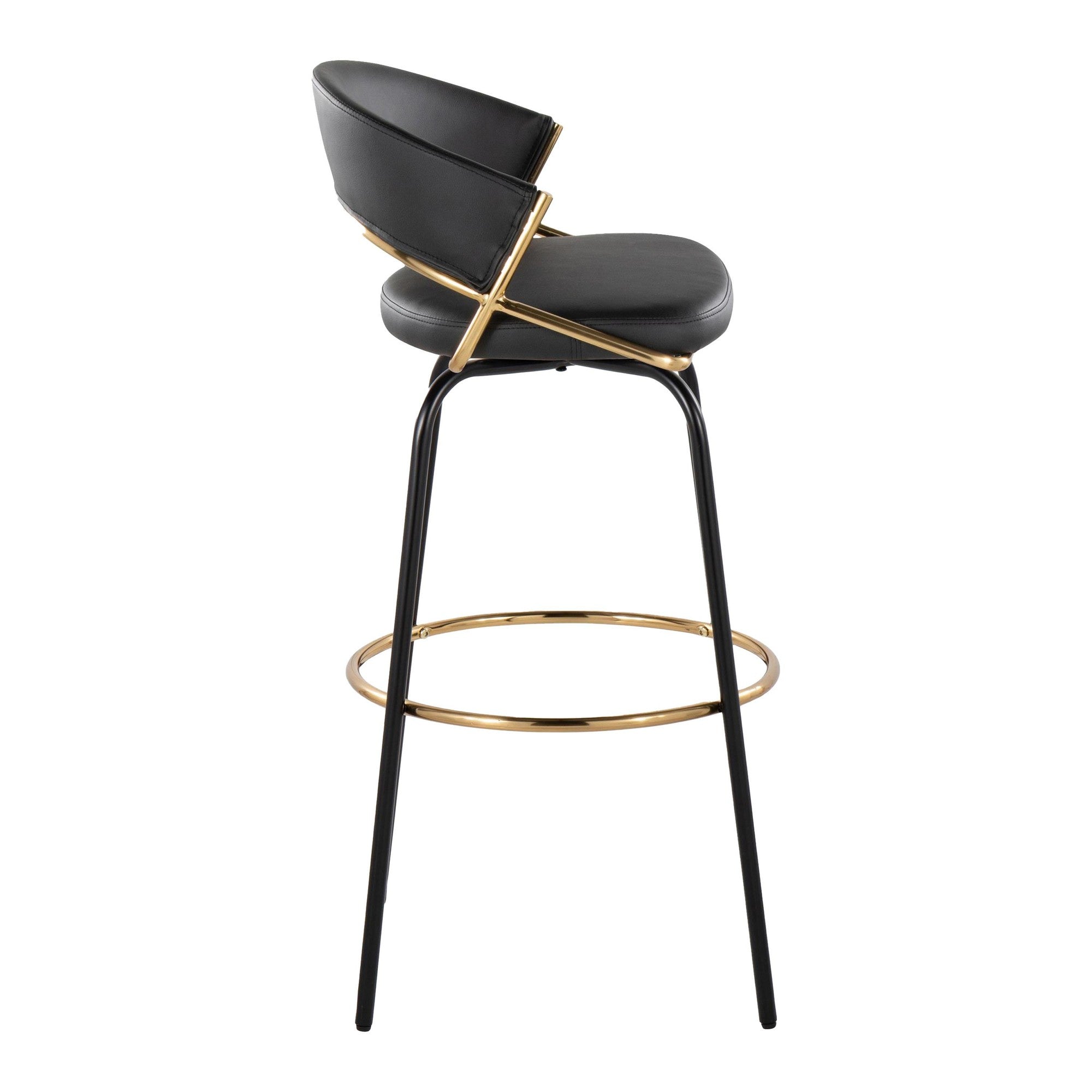 Jie 30" Fixed-Height Barstool - Set of 2 - Black Metal, Gold Metal, Black PU