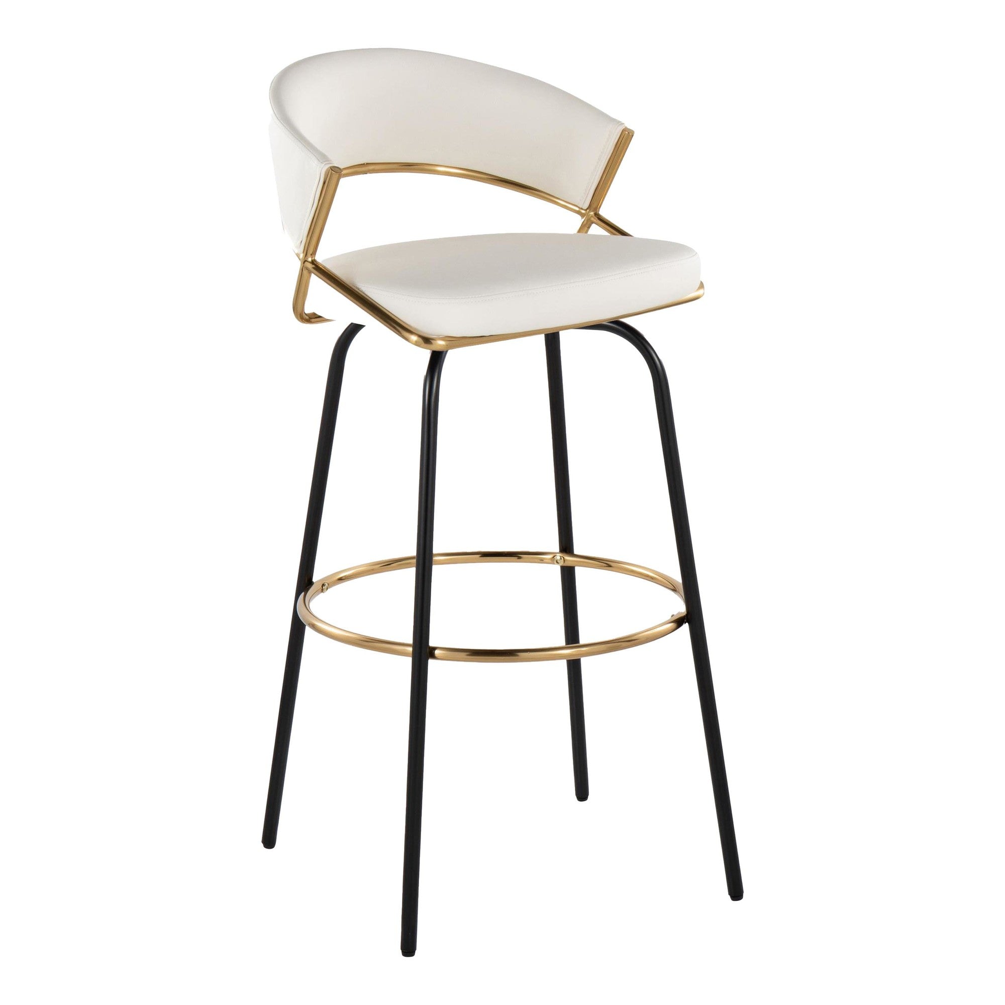 Jie 30" Fixed-Height Barstool - Set of 2 - Black Metal, Gold Metal, White PU