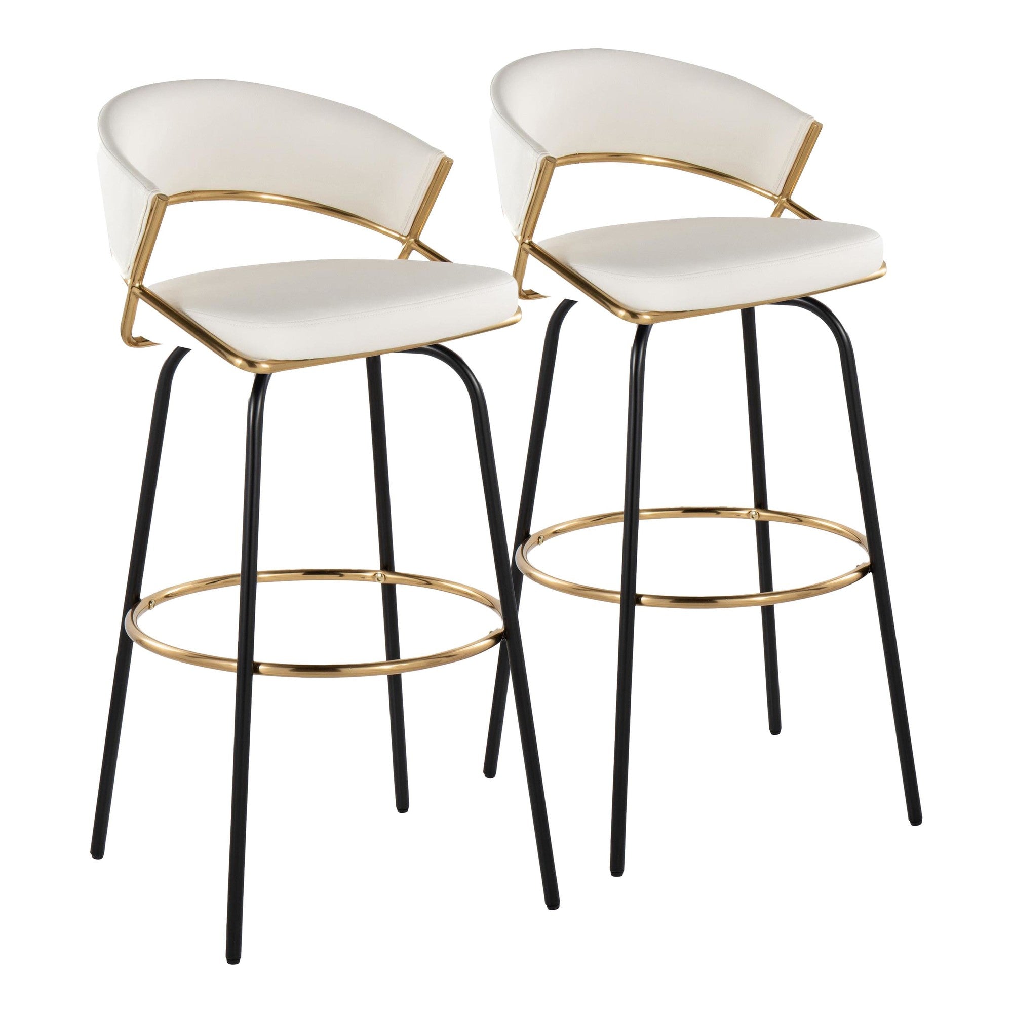 Jie 30" Fixed-Height Barstool - Set of 2 - Black Metal, Gold Metal, White PU