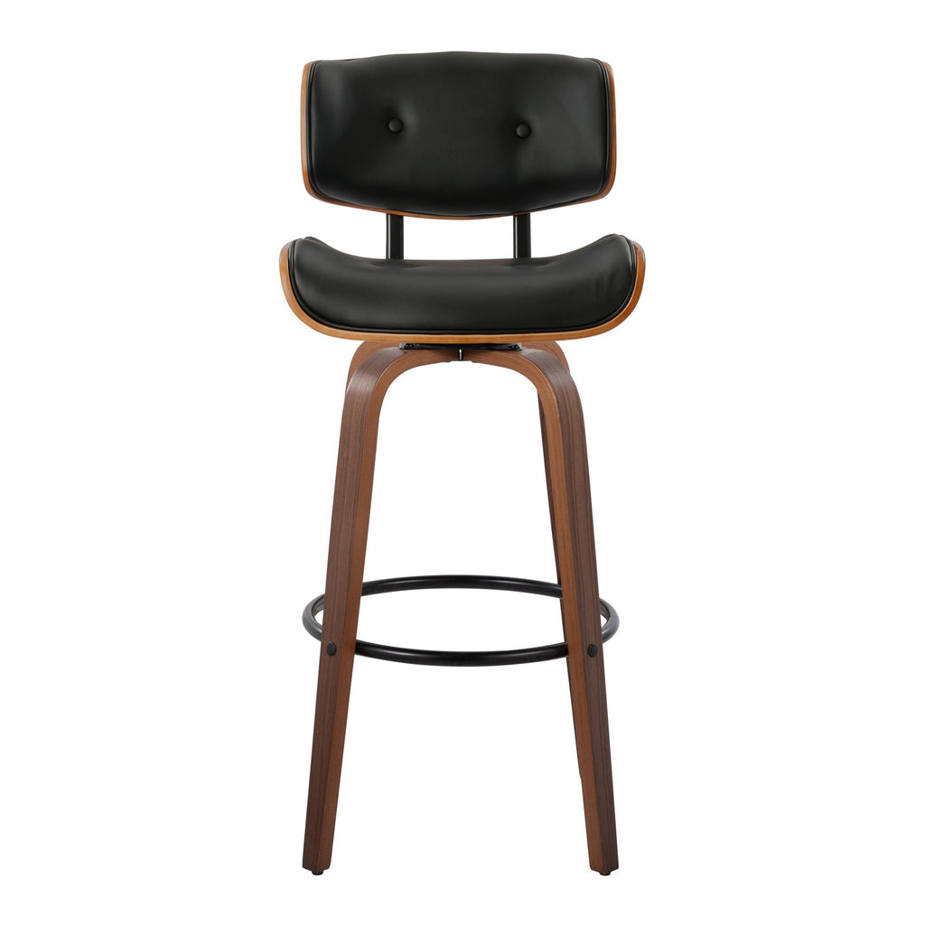 Lombardi 30" Fixed-Height Barstool - Set of 2 - Walnut Wood, Black Metal, Black PU