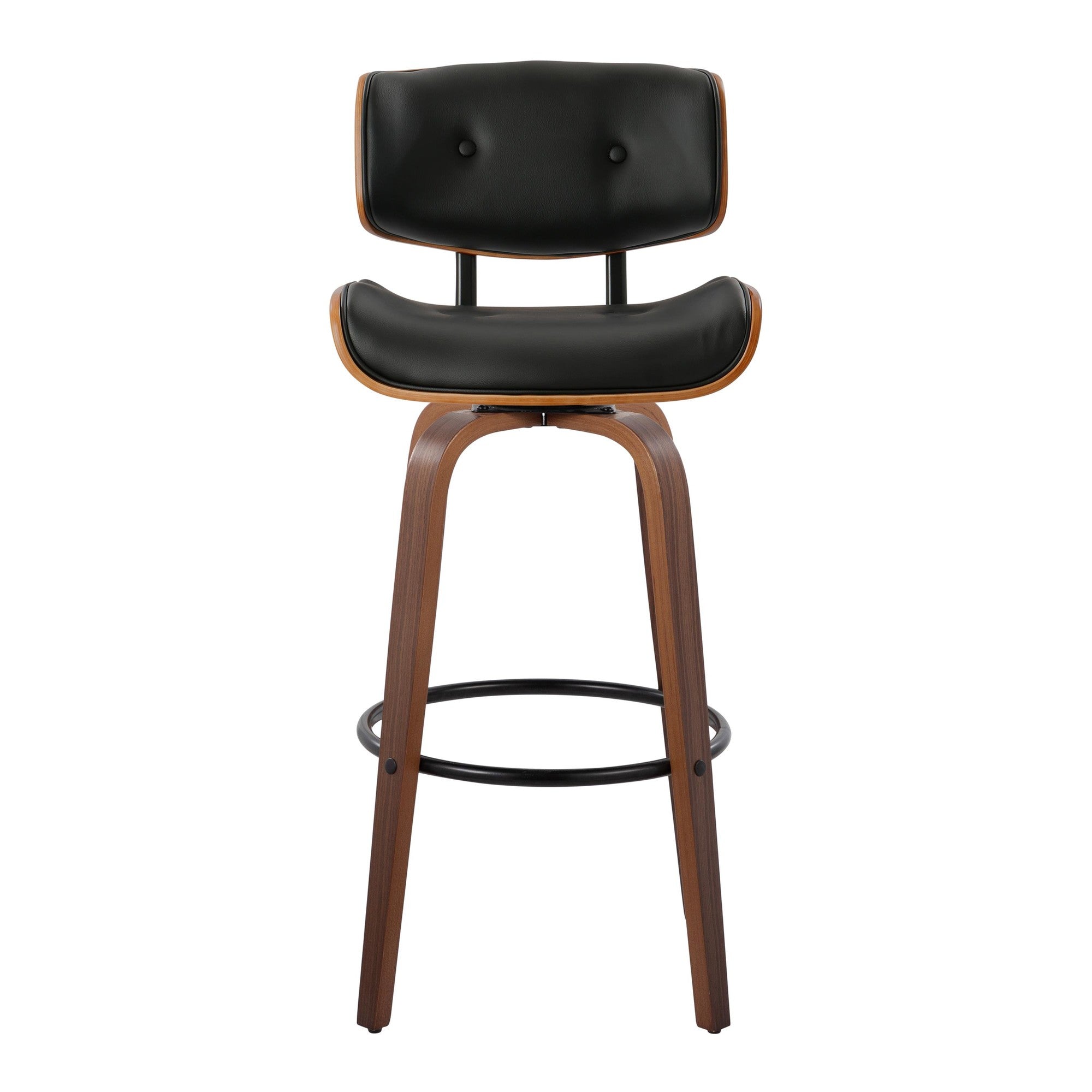 Lombardi 30" Fixed-Height Barstool - Set of 2 - Walnut Wood, Black Metal, Black PU