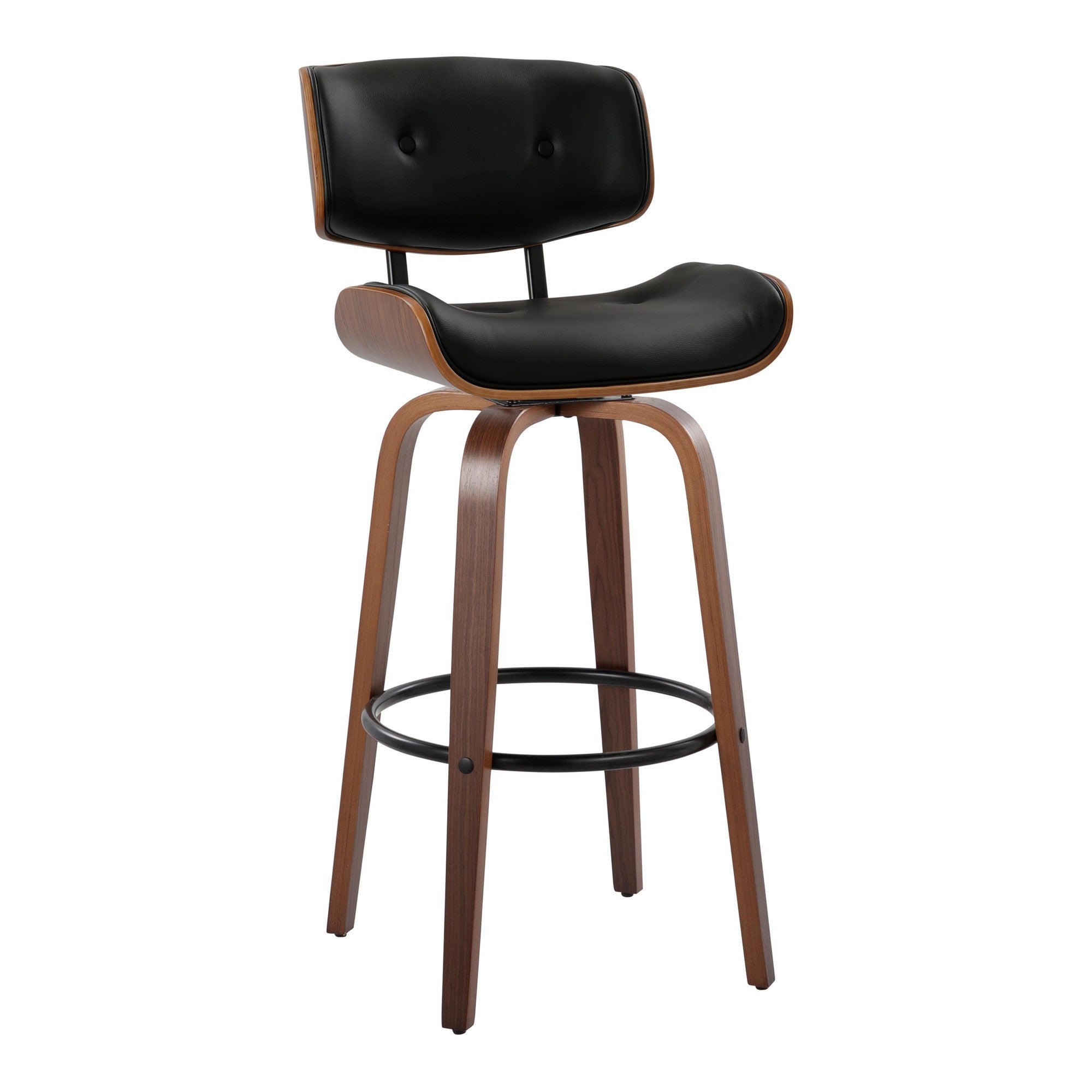 Lombardi 30" Fixed-Height Barstool - Set of 2 - Walnut Wood, Black Metal, Black PU