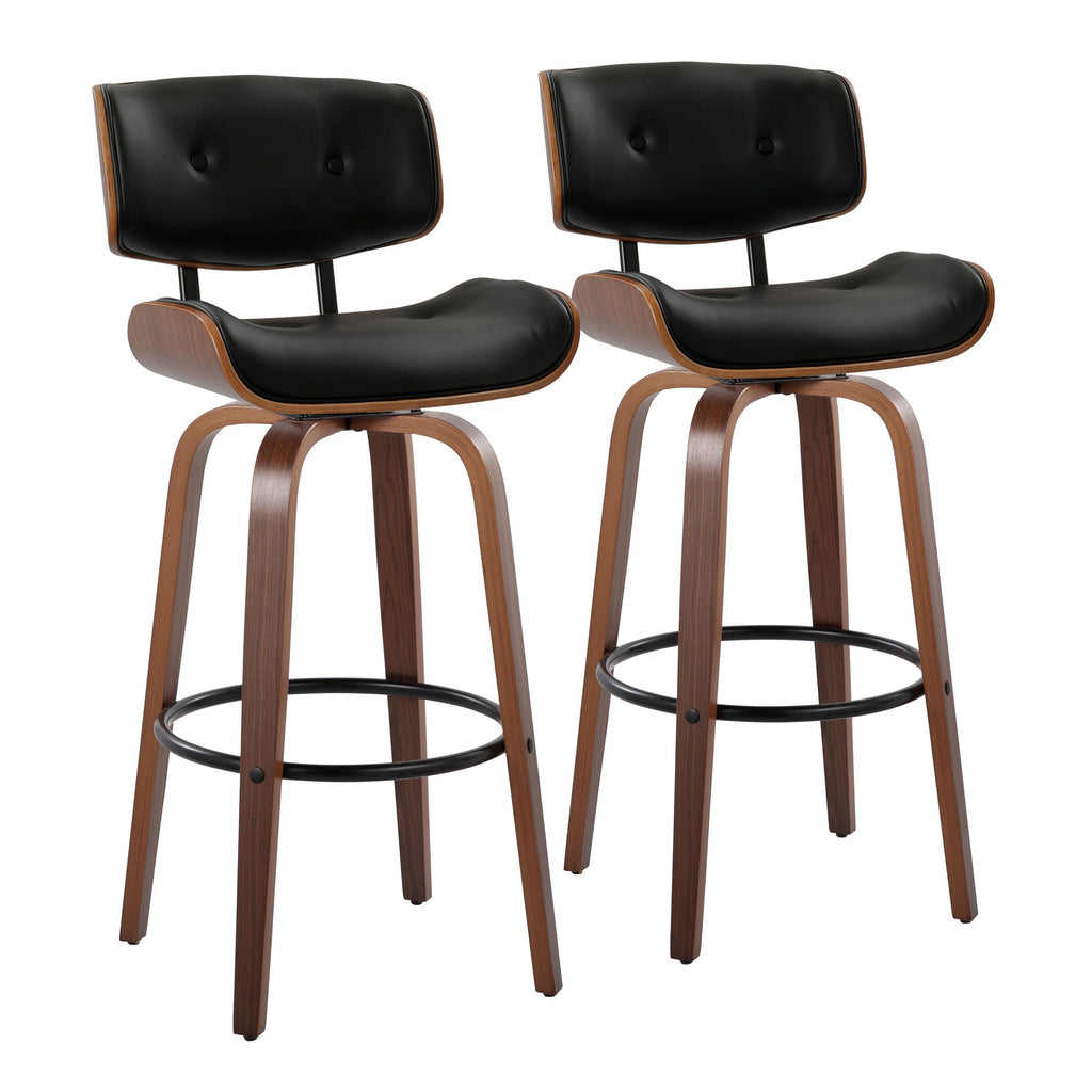 Lombardi 30" Fixed-Height Barstool - Set of 2 - Walnut Wood, Black Metal, Black PU