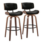 Lombardi 30" Fixed-Height Barstool - Set of 2 - Walnut Wood, Black Metal, Black PU
