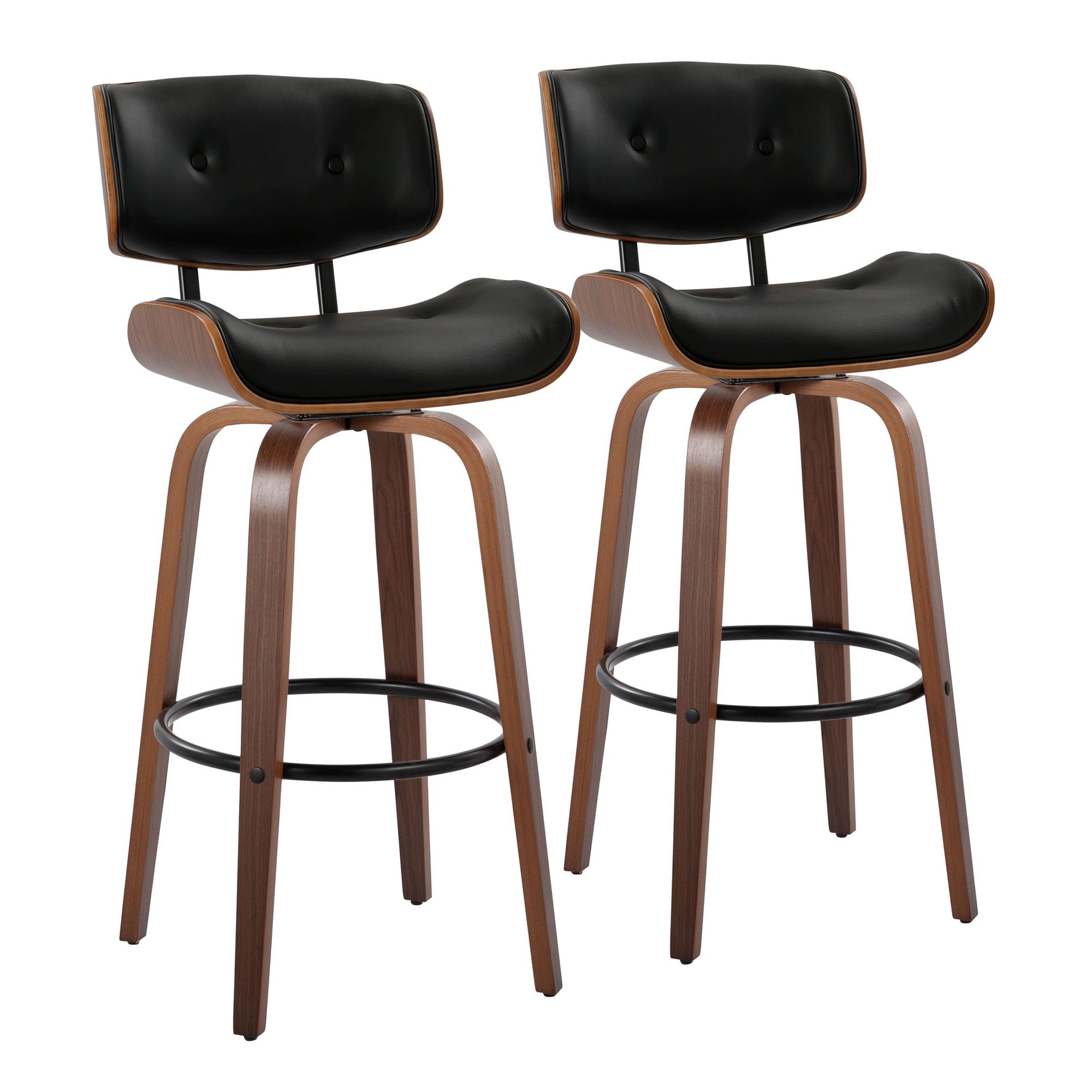 Lombardi 30" Fixed-Height Barstool - Set of 2 - Walnut Wood, Black Metal, Black PU