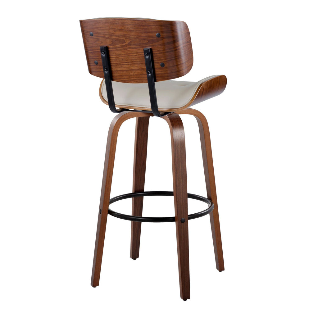 Lombardi 30" Fixed-Height Barstool - Set of 2 - Walnut Wood, Black Metal, Cream PU