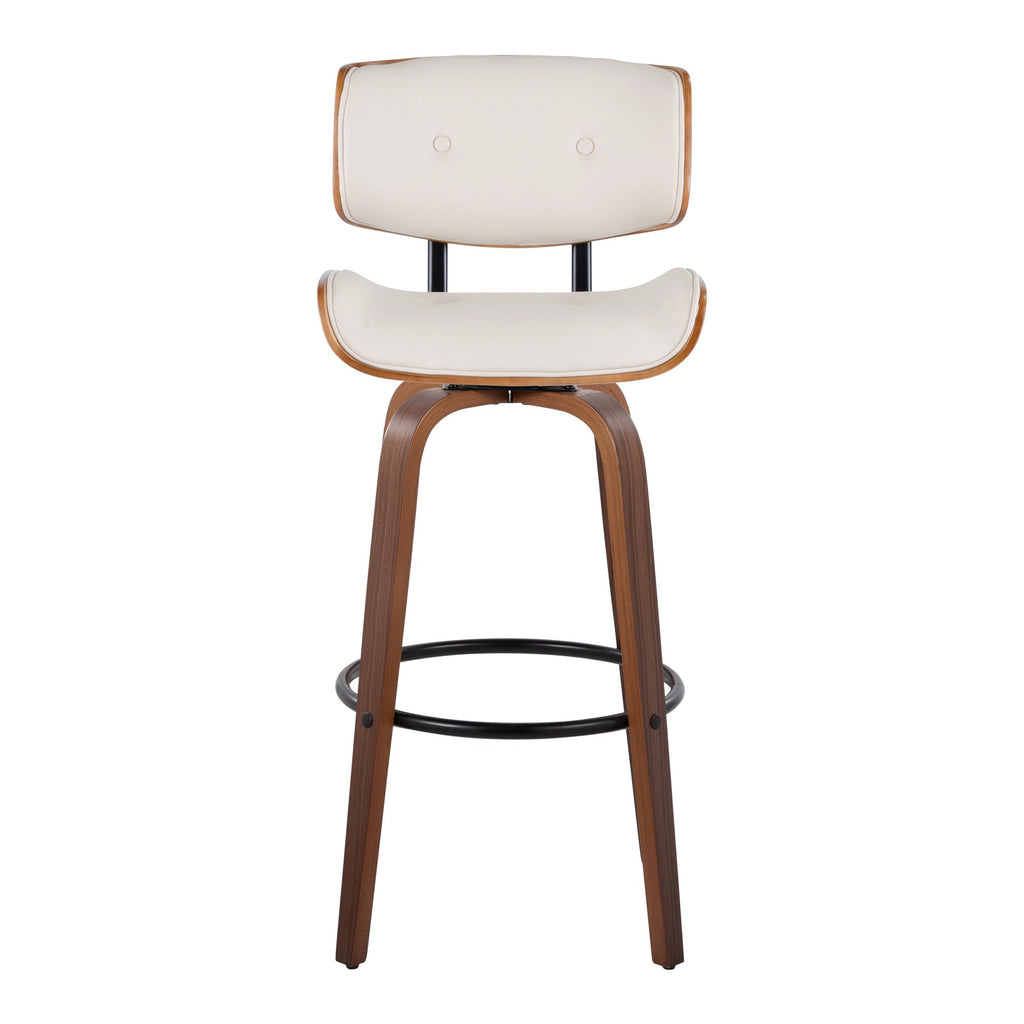 Lombardi 30" Fixed-Height Barstool - Set of 2 - Walnut Wood, Black Metal, Cream PU