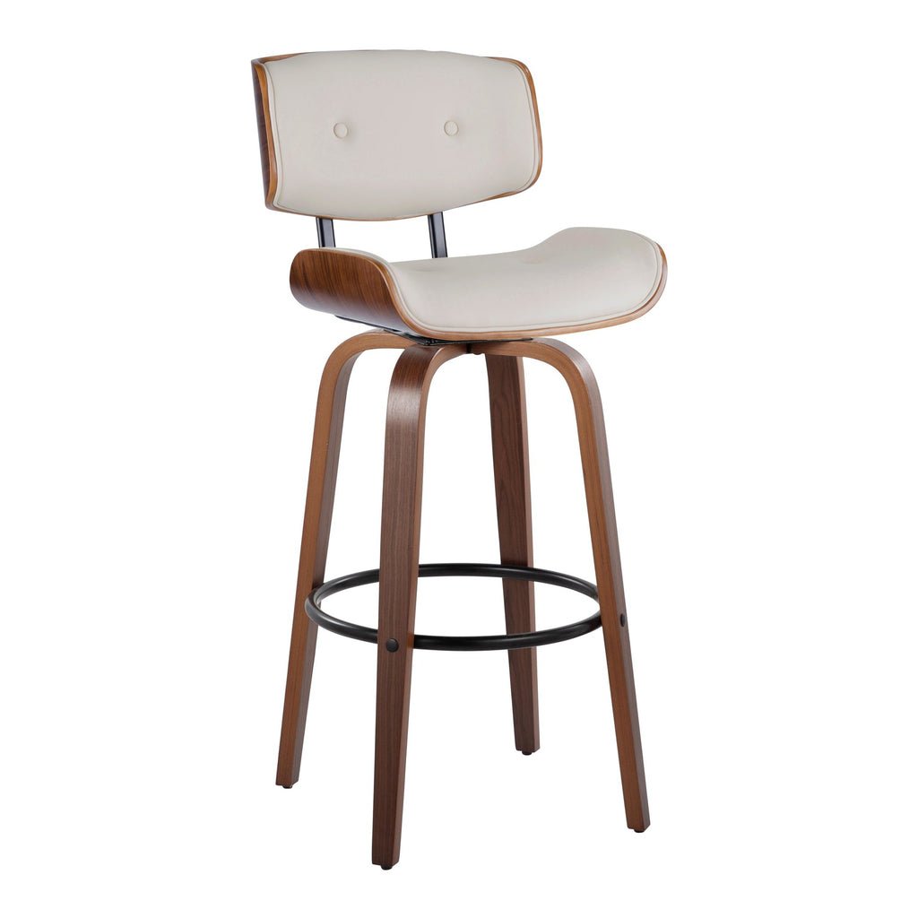 Lombardi 30" Fixed-Height Barstool - Set of 2 - Walnut Wood, Black Metal, Cream PU