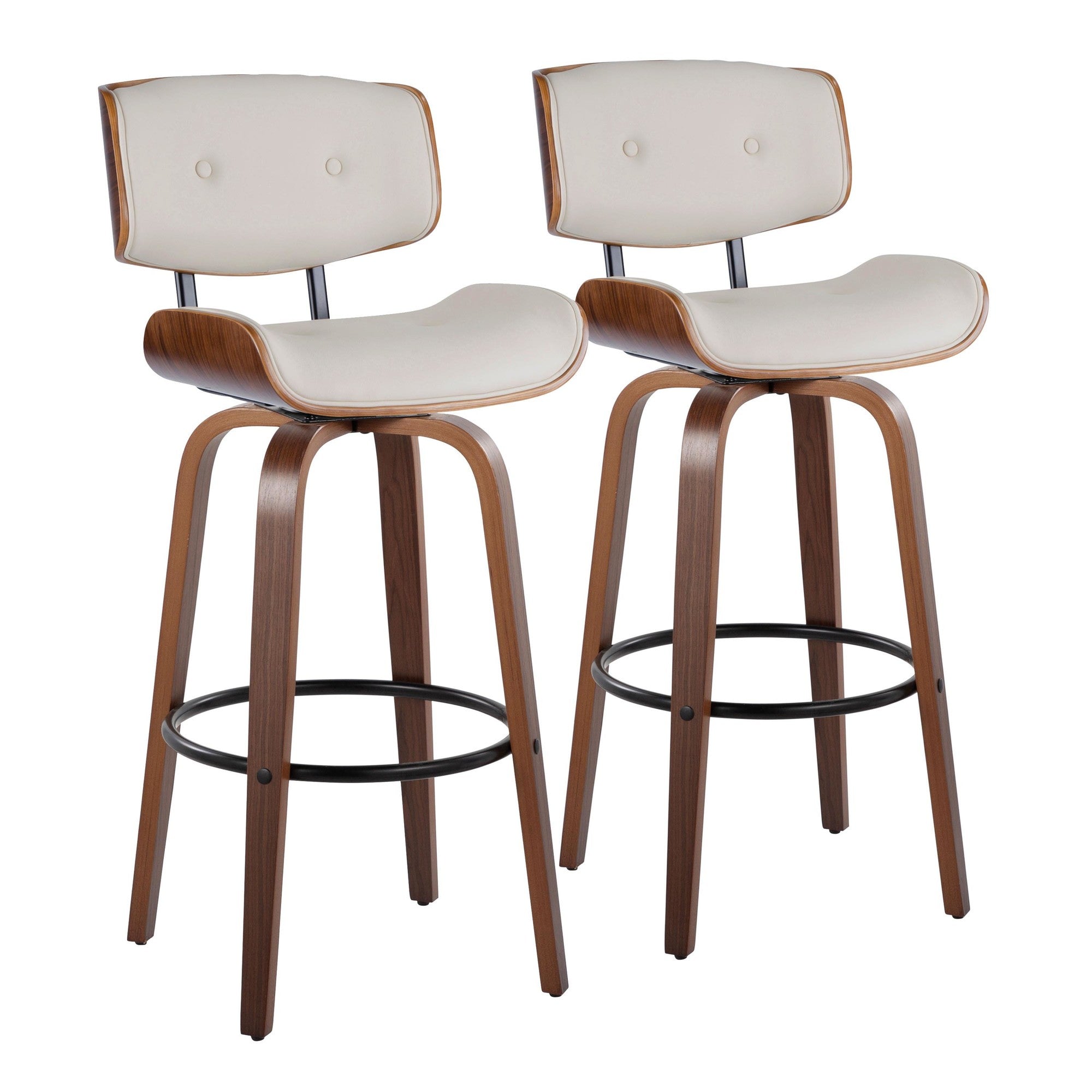 Lombardi 30" Fixed-Height Barstool - Set of 2 - Walnut Wood, Black Metal, Cream PU