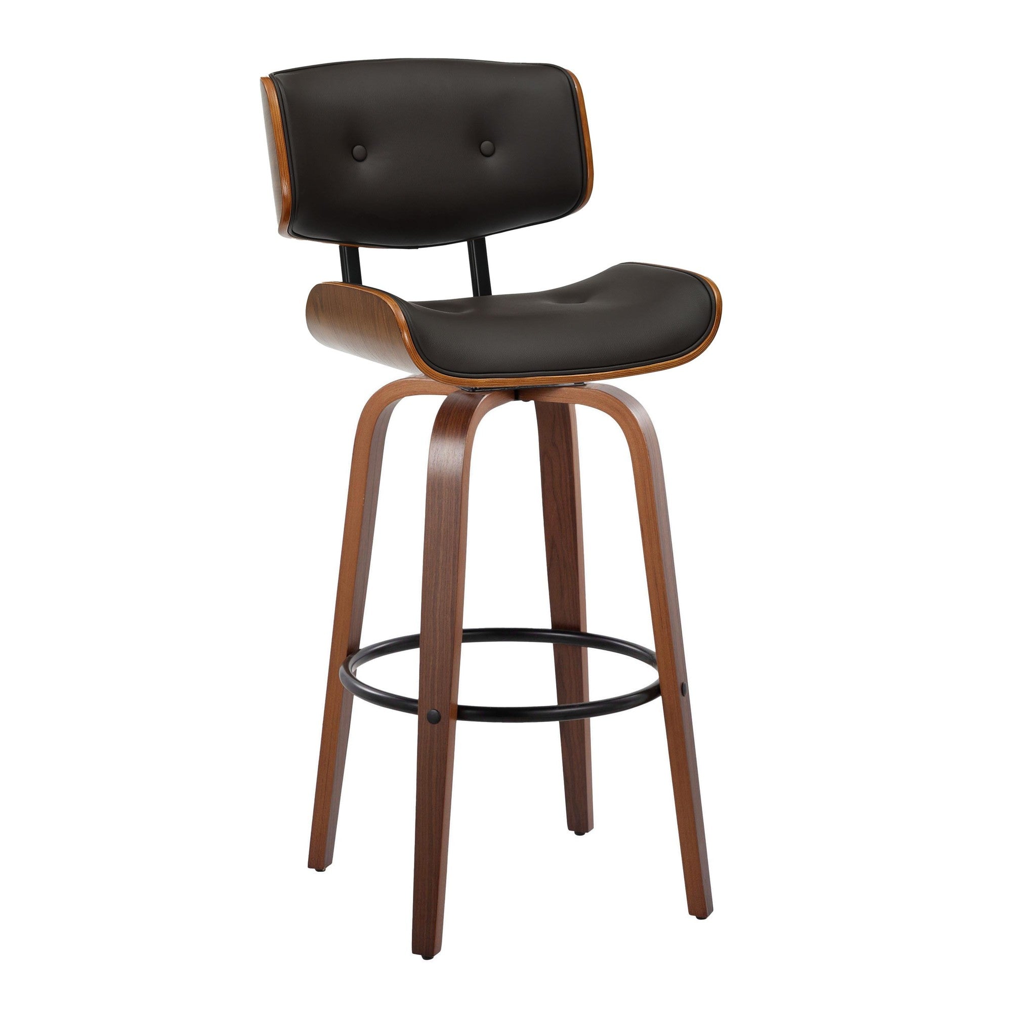 Lombardi 30" Fixed-Height Barstool - Set of 2 - Walnut Wood, Espresso PU, Black Metal