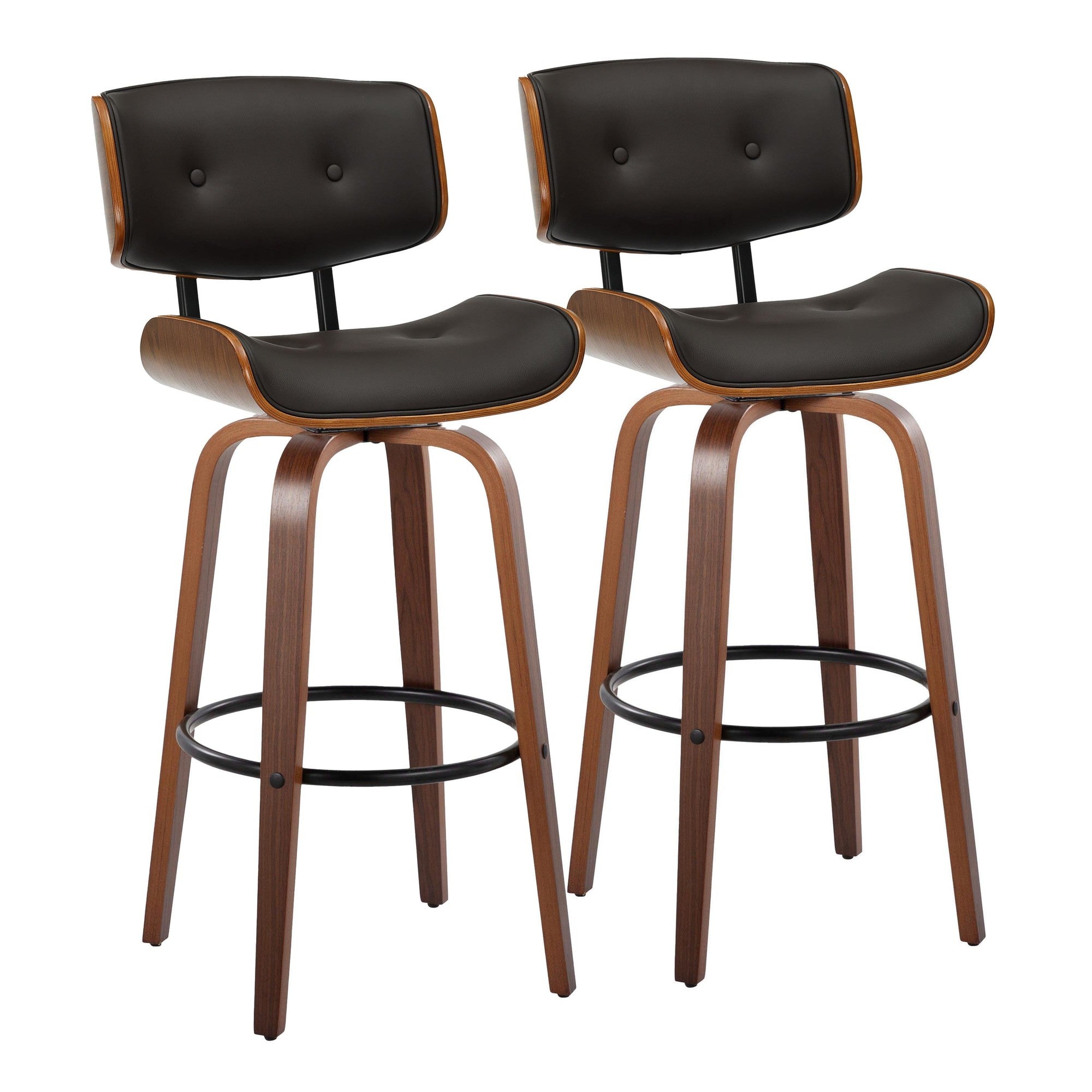 Lombardi 30" Fixed-Height Barstool - Set of 2 - Walnut Wood, Espresso PU, Black Metal