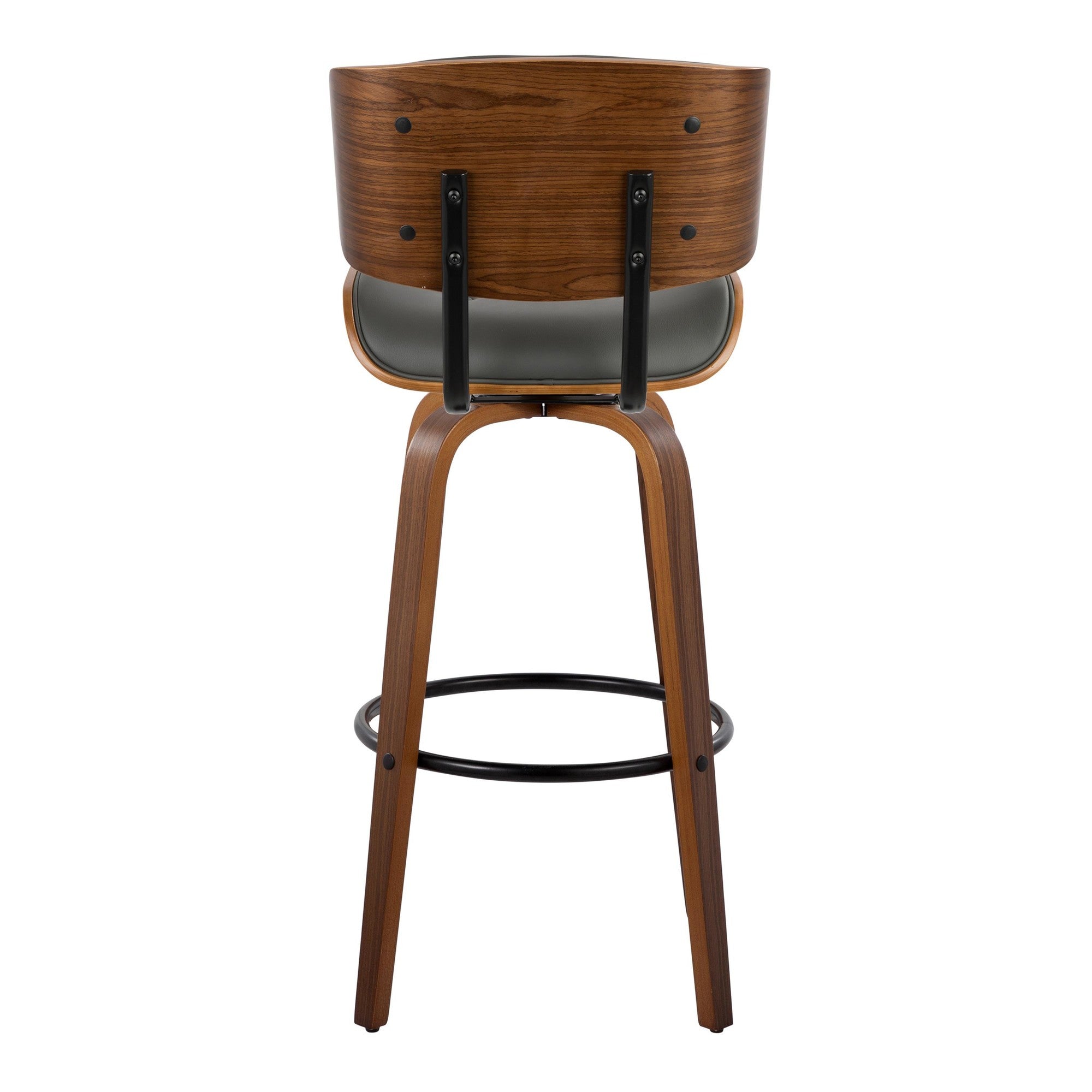 Lombardi 30" Fixed-Height Barstool - Set of 2 - Walnut Wood, Black Metal, Grey PU