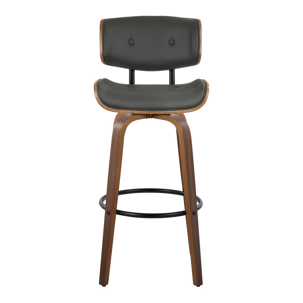 Lombardi 30" Fixed-Height Barstool - Set of 2 - Walnut Wood, Black Metal, Grey PU