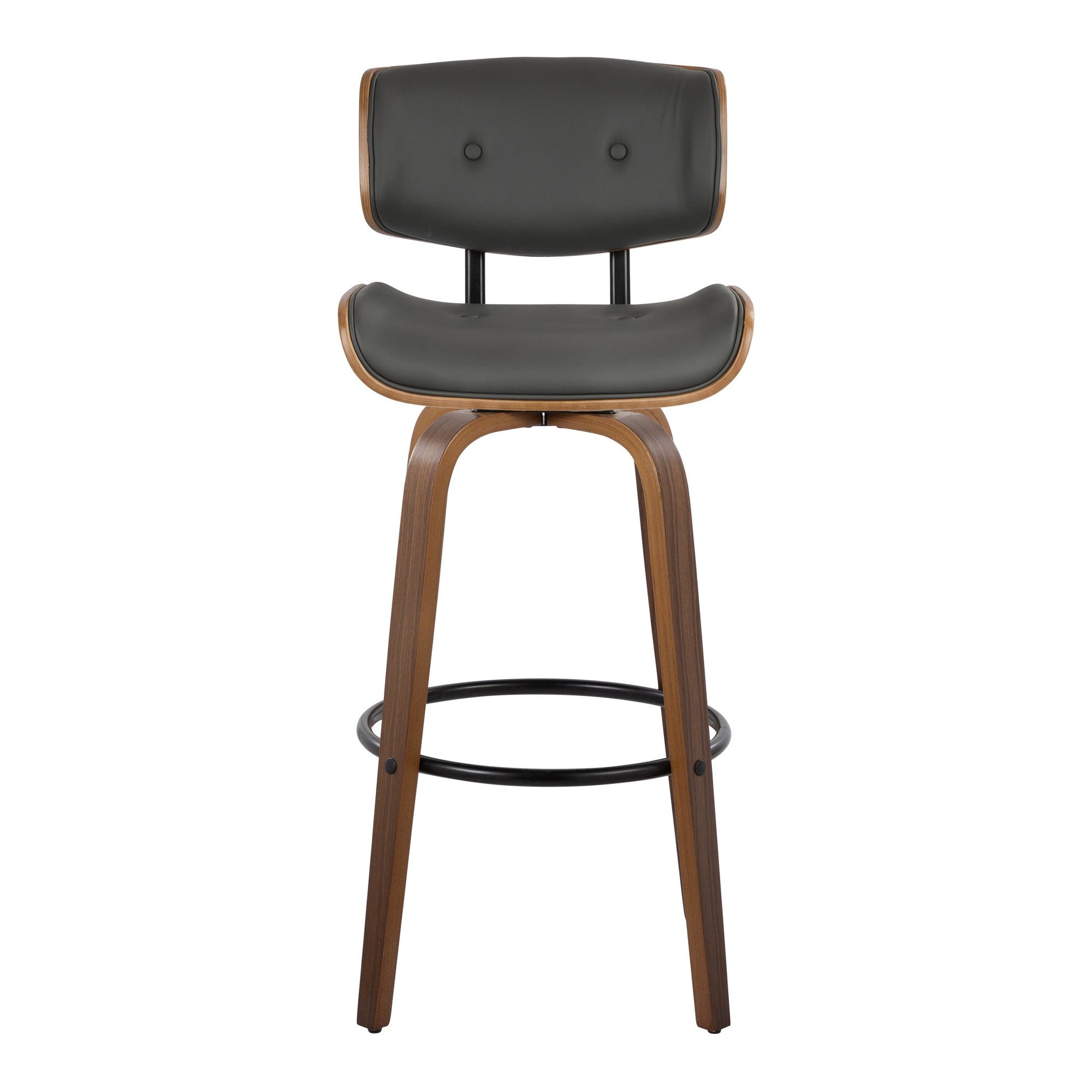 Lombardi 30" Fixed-Height Barstool - Set of 2 - Walnut Wood, Black Metal, Grey PU