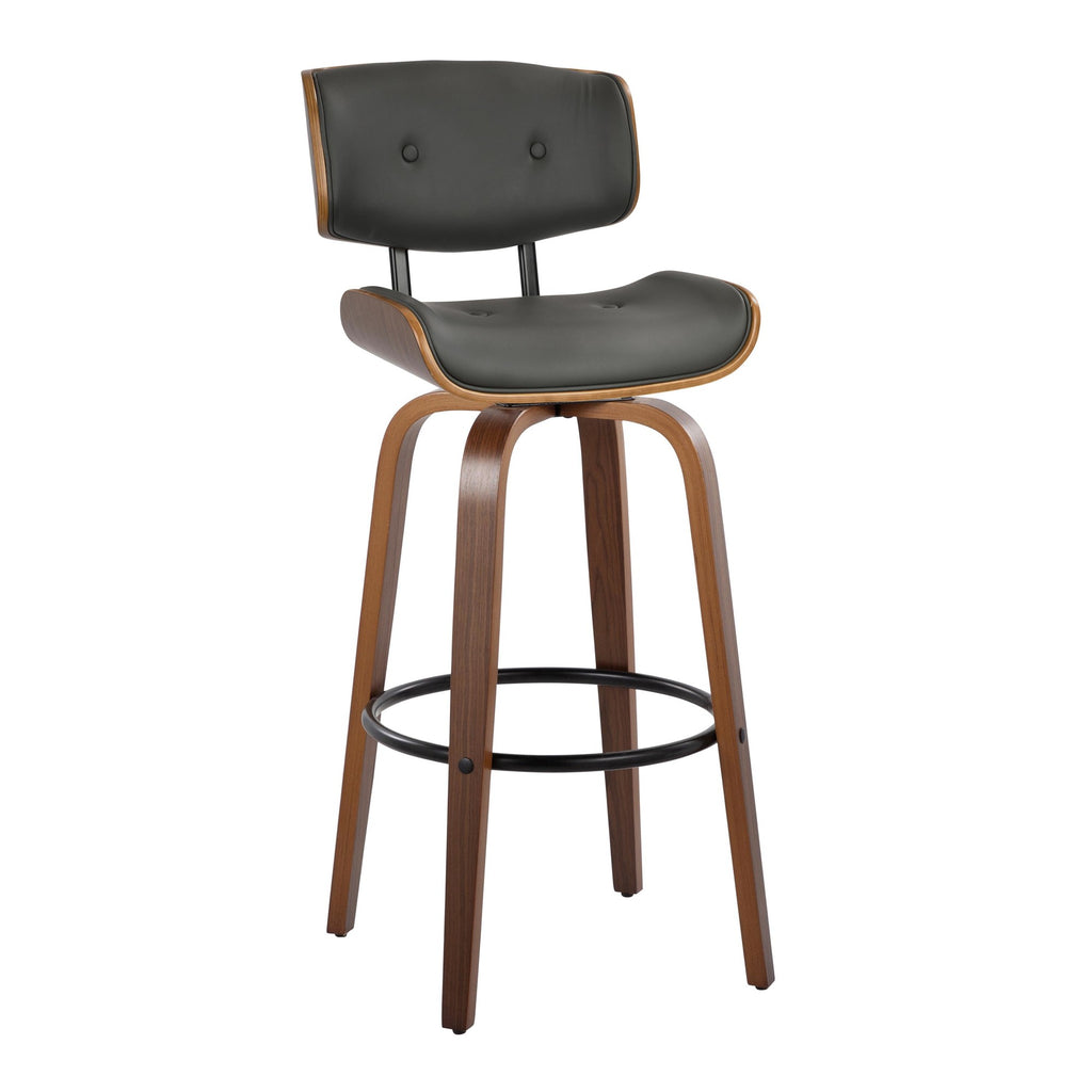 Lombardi 30" Fixed-Height Barstool - Set of 2 - Walnut Wood, Black Metal, Grey PU