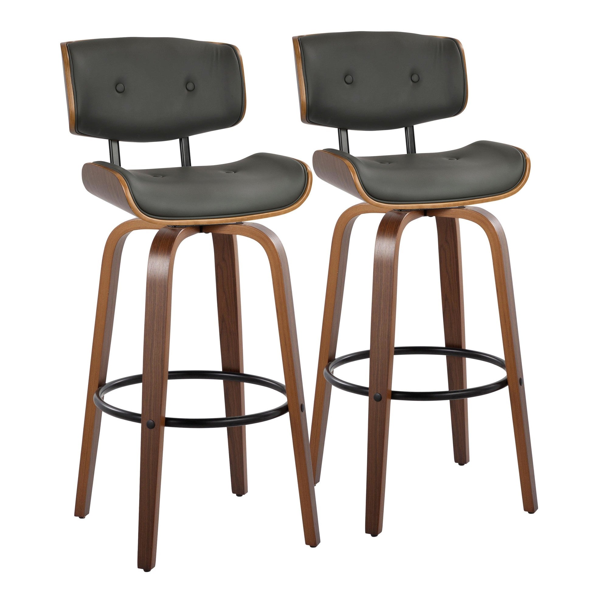 Lombardi 30" Fixed-Height Barstool - Set of 2 - Walnut Wood, Black Metal, Grey PU