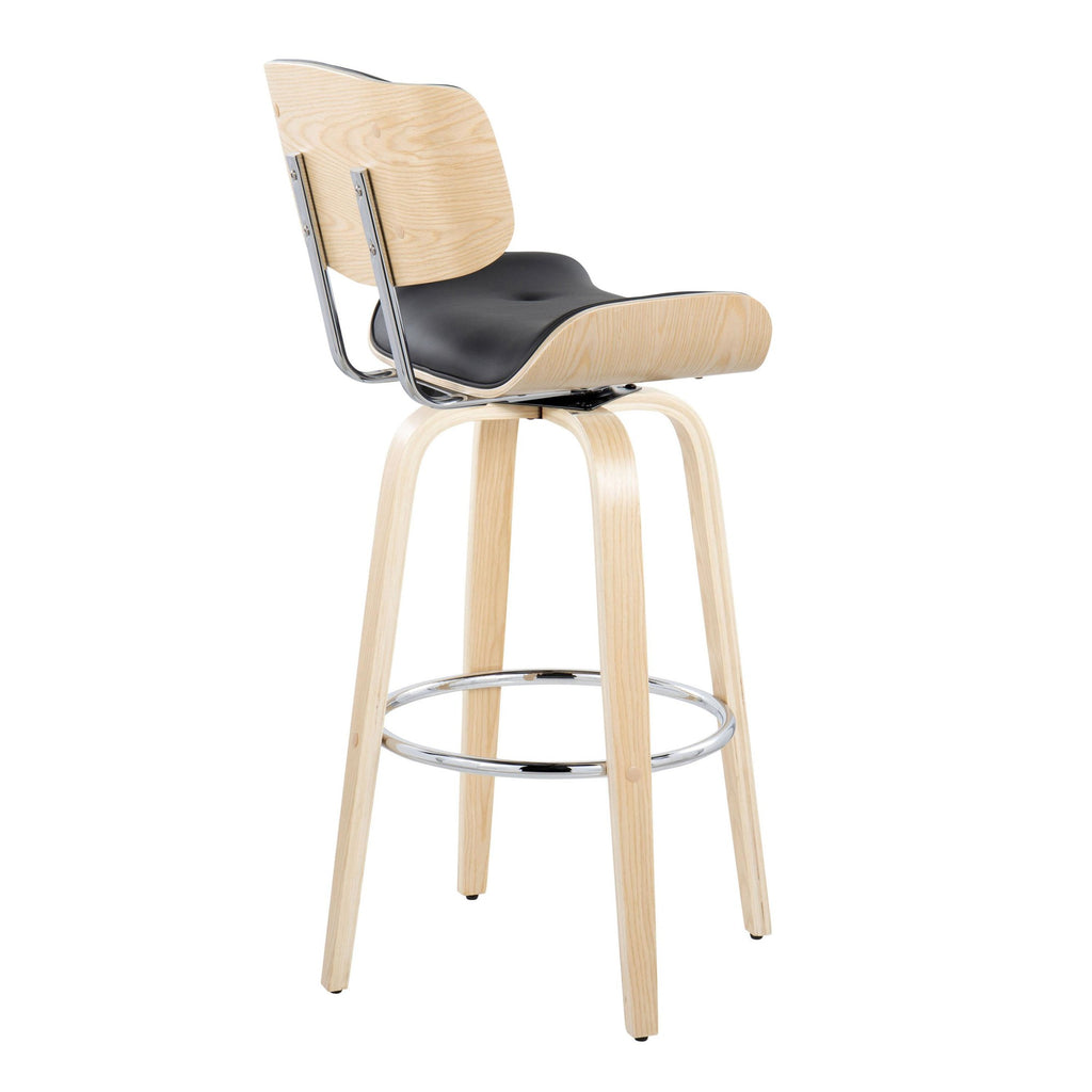 Lombardi 30" Fixed-Height Barstool - Set of 2 - Natural Wood, Chrome Metal, Black PU