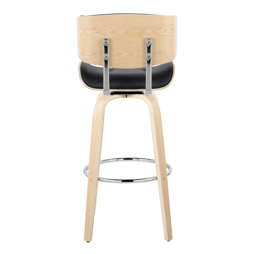 Lombardi 30" Fixed-Height Barstool - Set of 2 - Natural Wood, Chrome Metal, Black PU