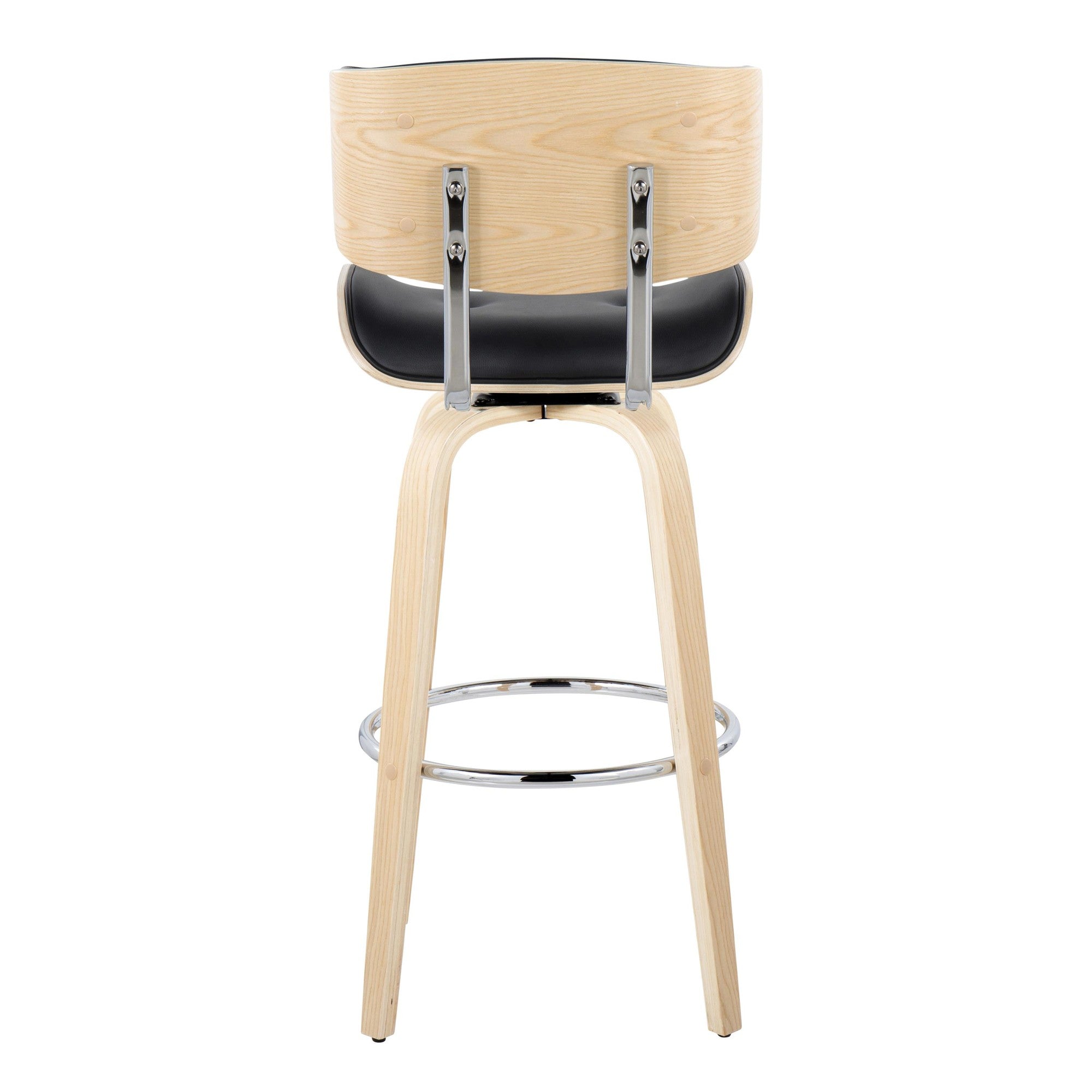 Lombardi 30" Fixed-Height Barstool - Set of 2 - Natural Wood, Chrome Metal, Black PU