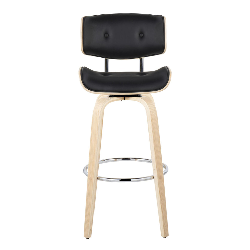 Lombardi 30" Fixed-Height Barstool - Set of 2 - Natural Wood, Chrome Metal, Black PU