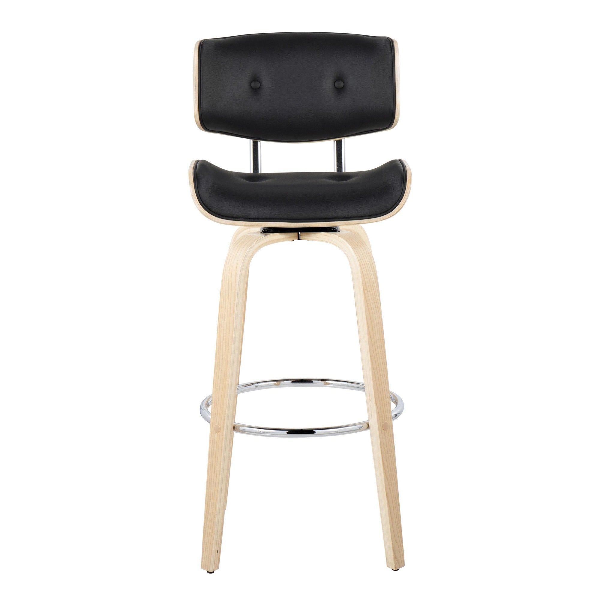 Lombardi 30" Fixed-Height Barstool - Set of 2 - Natural Wood, Chrome Metal, Black PU