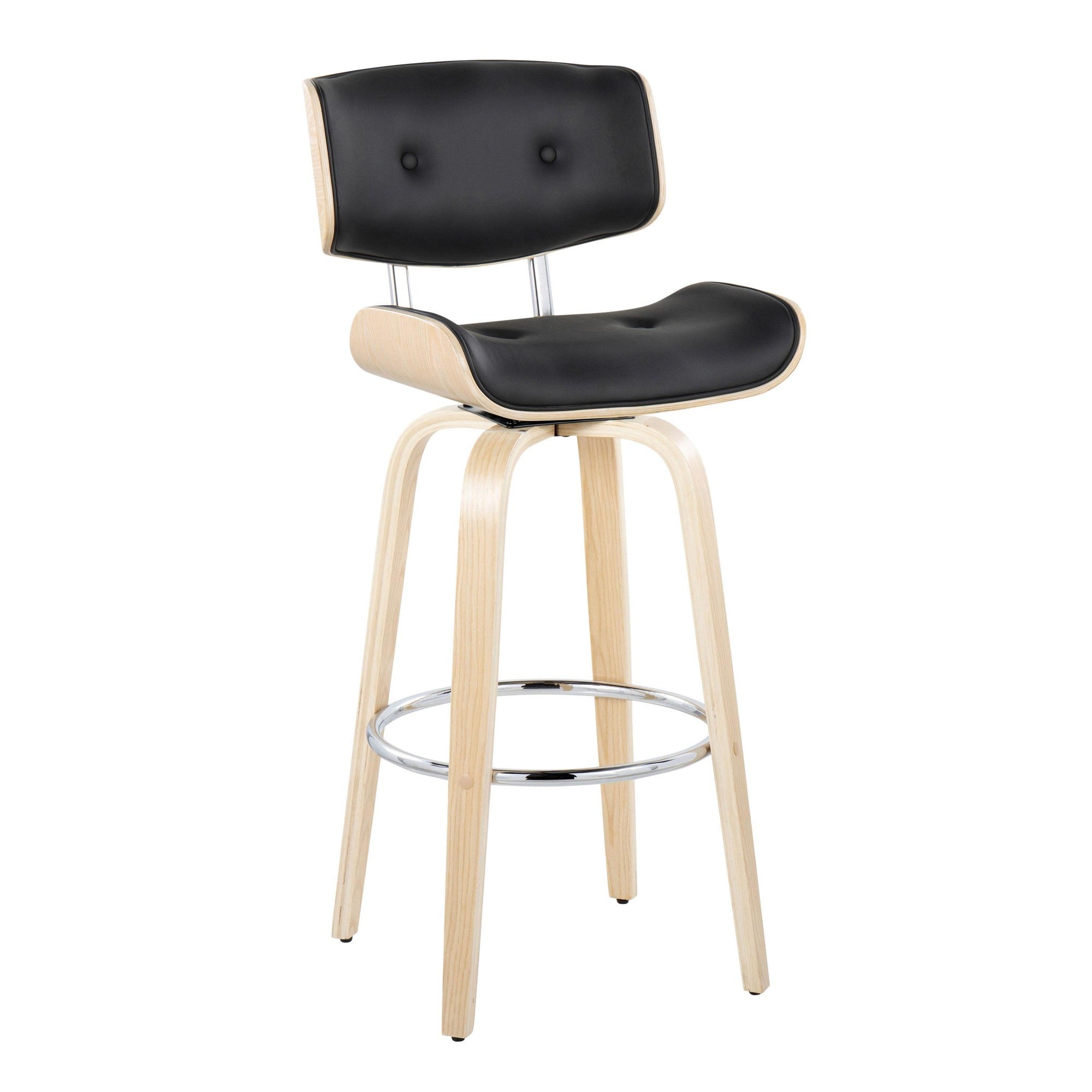 Lombardi 30" Fixed-Height Barstool - Set of 2 - Natural Wood, Chrome Metal, Black PU