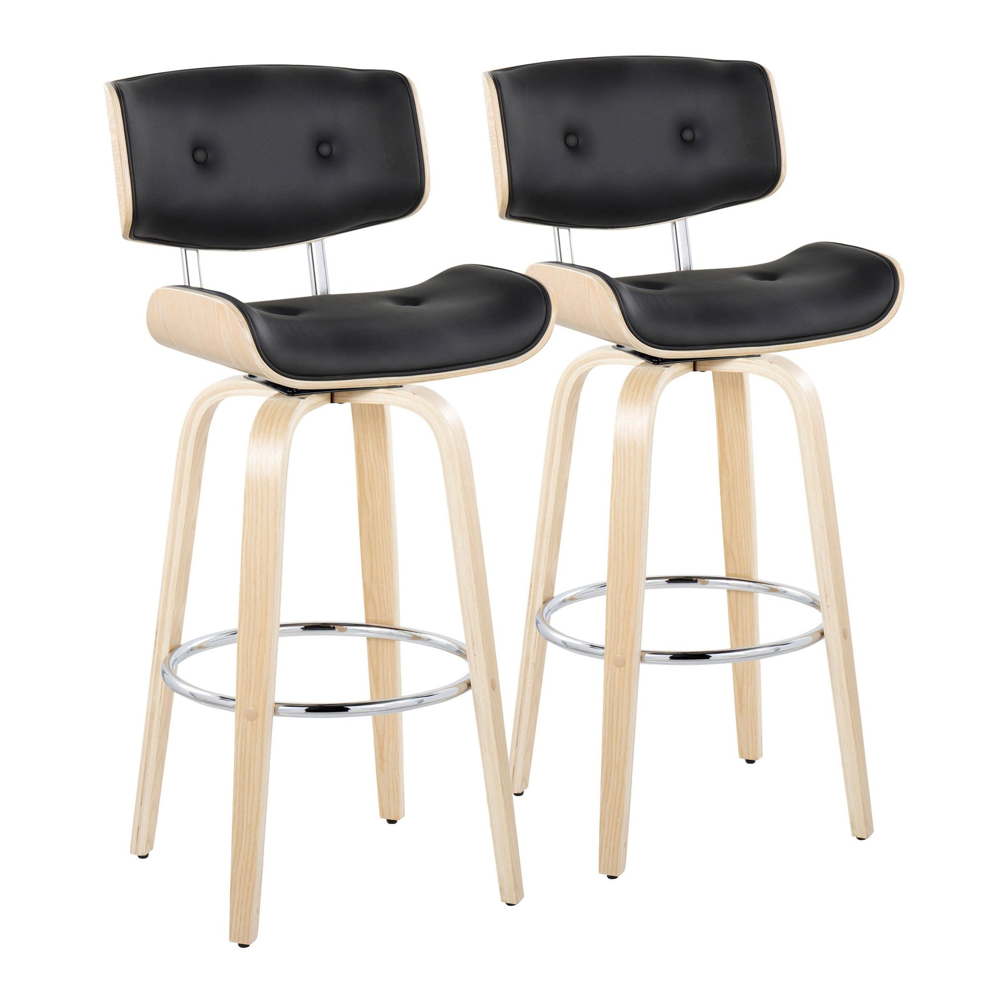 Lombardi 30" Fixed-Height Barstool - Set of 2 - Natural Wood, Chrome Metal, Black PU