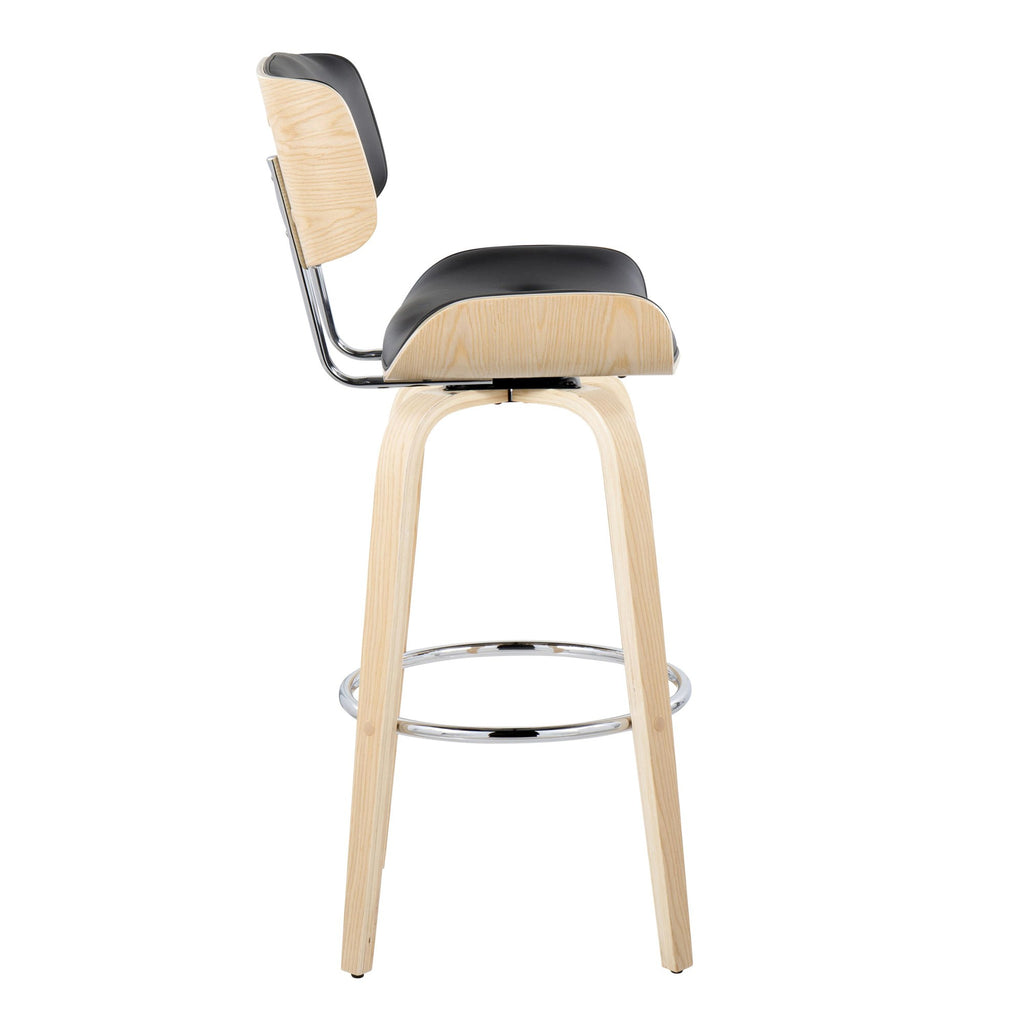 Lombardi 30" Fixed-Height Barstool - Set of 2 - Natural Wood, Chrome Metal, Black PU