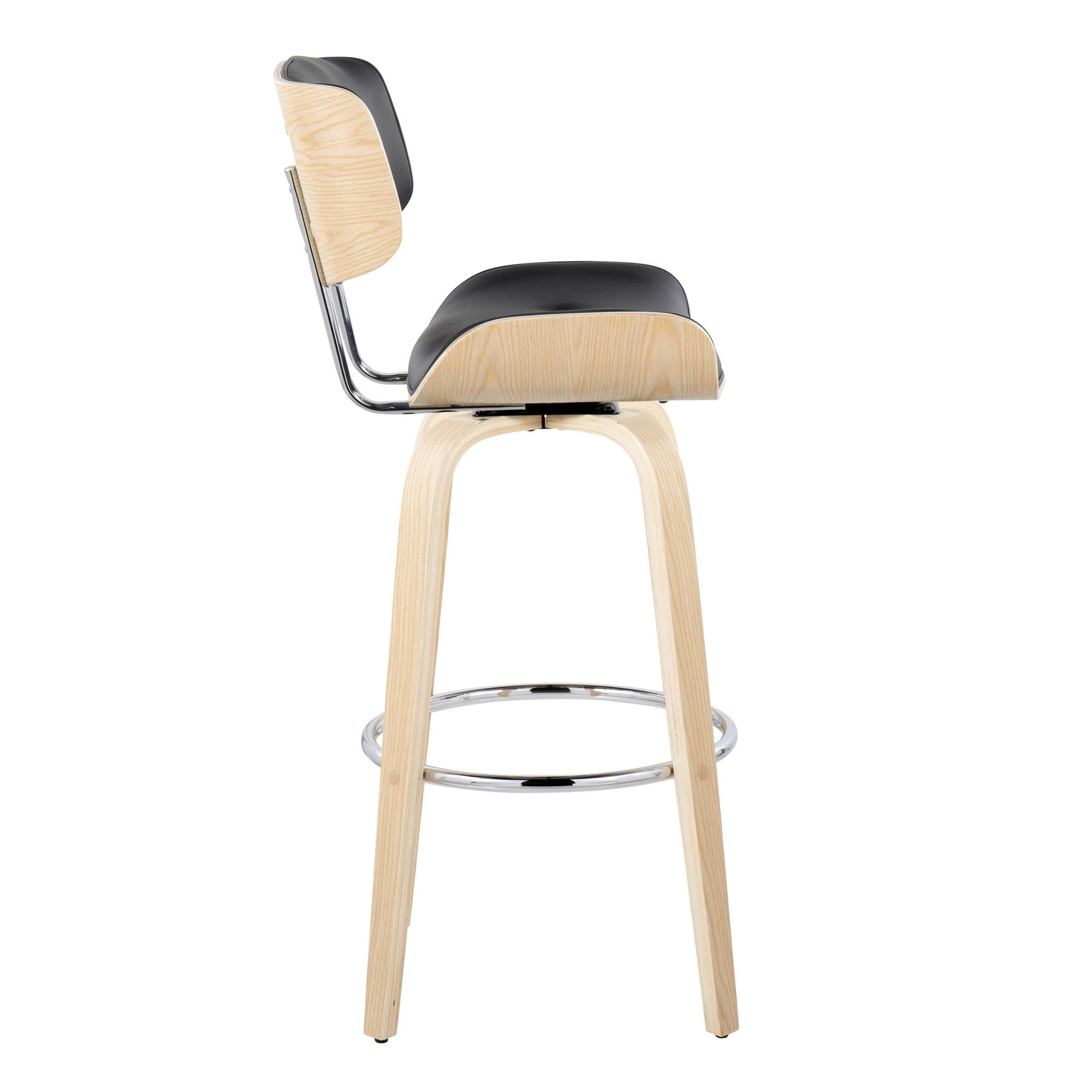 Lombardi 30" Fixed-Height Barstool - Set of 2 - Natural Wood, Chrome Metal, Black PU