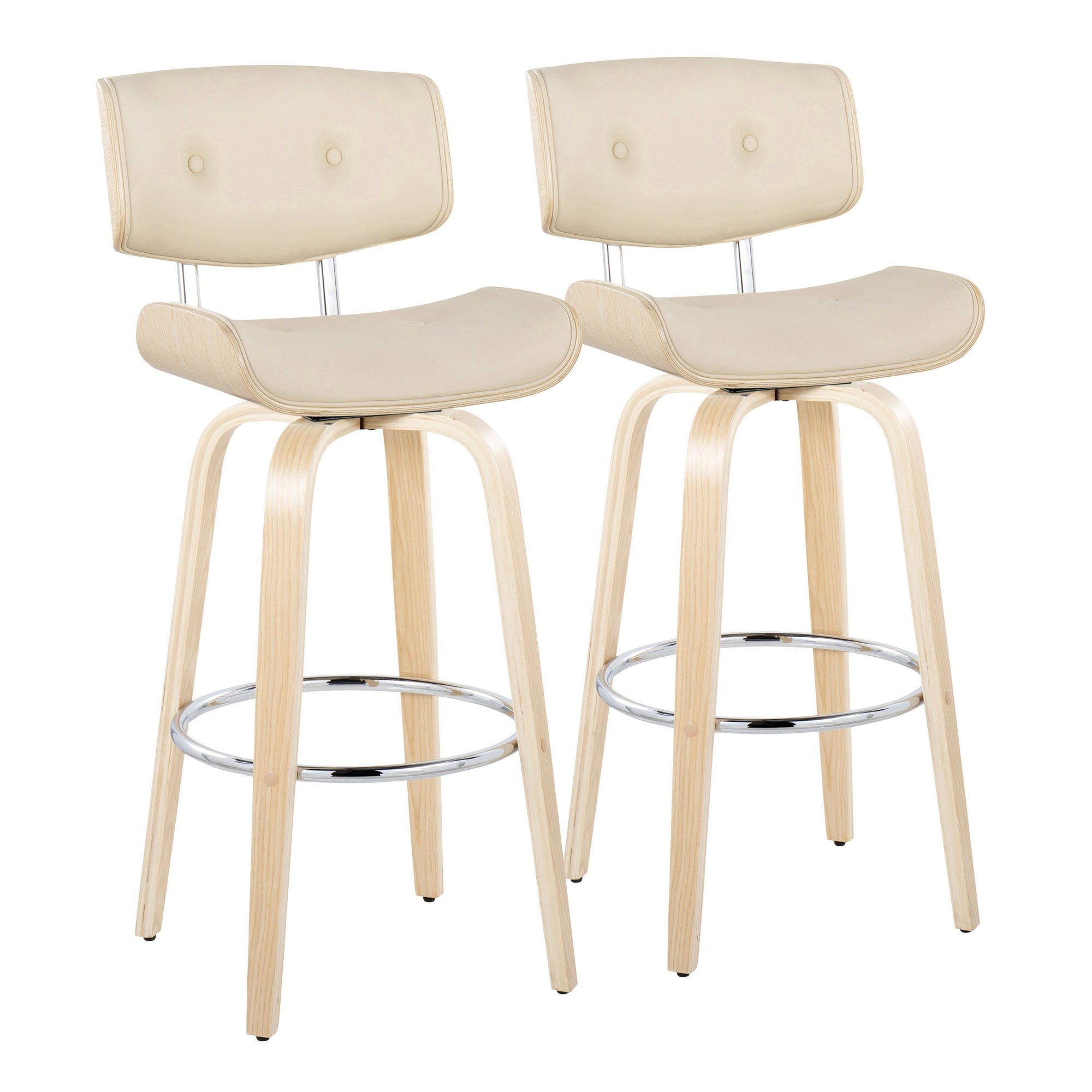 Lombardi 30" Fixed-Height Barstool - Set of 2 - Natural Wood, Chrome Metal, Cream PU