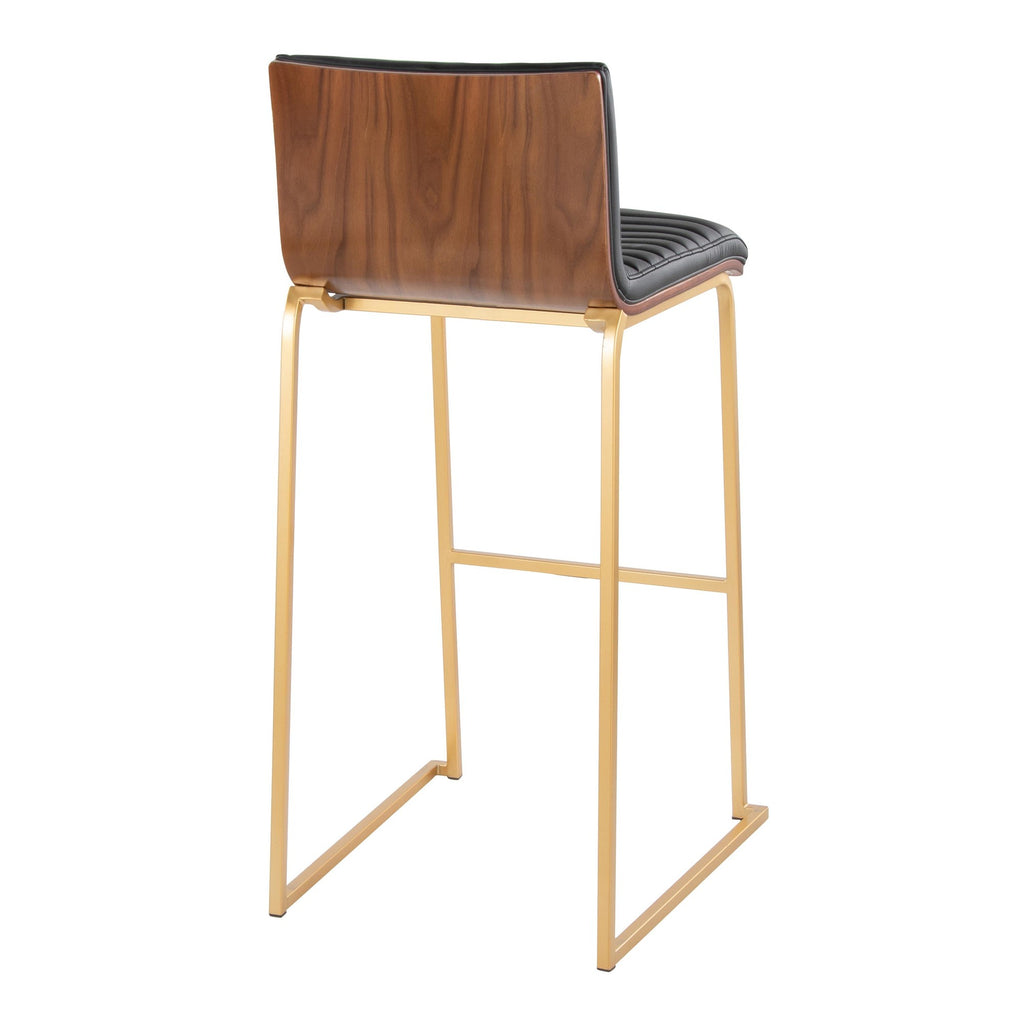Mason Mara 30" Fixed-Height Barstool - Set of 2 - Gold Metal, Walnut Wood, Black PU