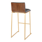 Mason Mara 30" Fixed-Height Barstool - Set of 2 - Gold Metal, Walnut Wood, Black PU