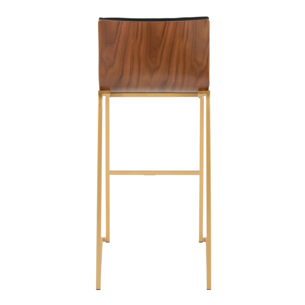 Mason Mara 30" Fixed-Height Barstool - Set of 2 - Gold Metal, Walnut Wood, Black PU