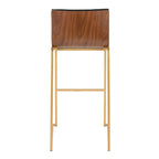 Mason Mara 30" Fixed-Height Barstool - Set of 2 - Gold Metal, Walnut Wood, Black PU